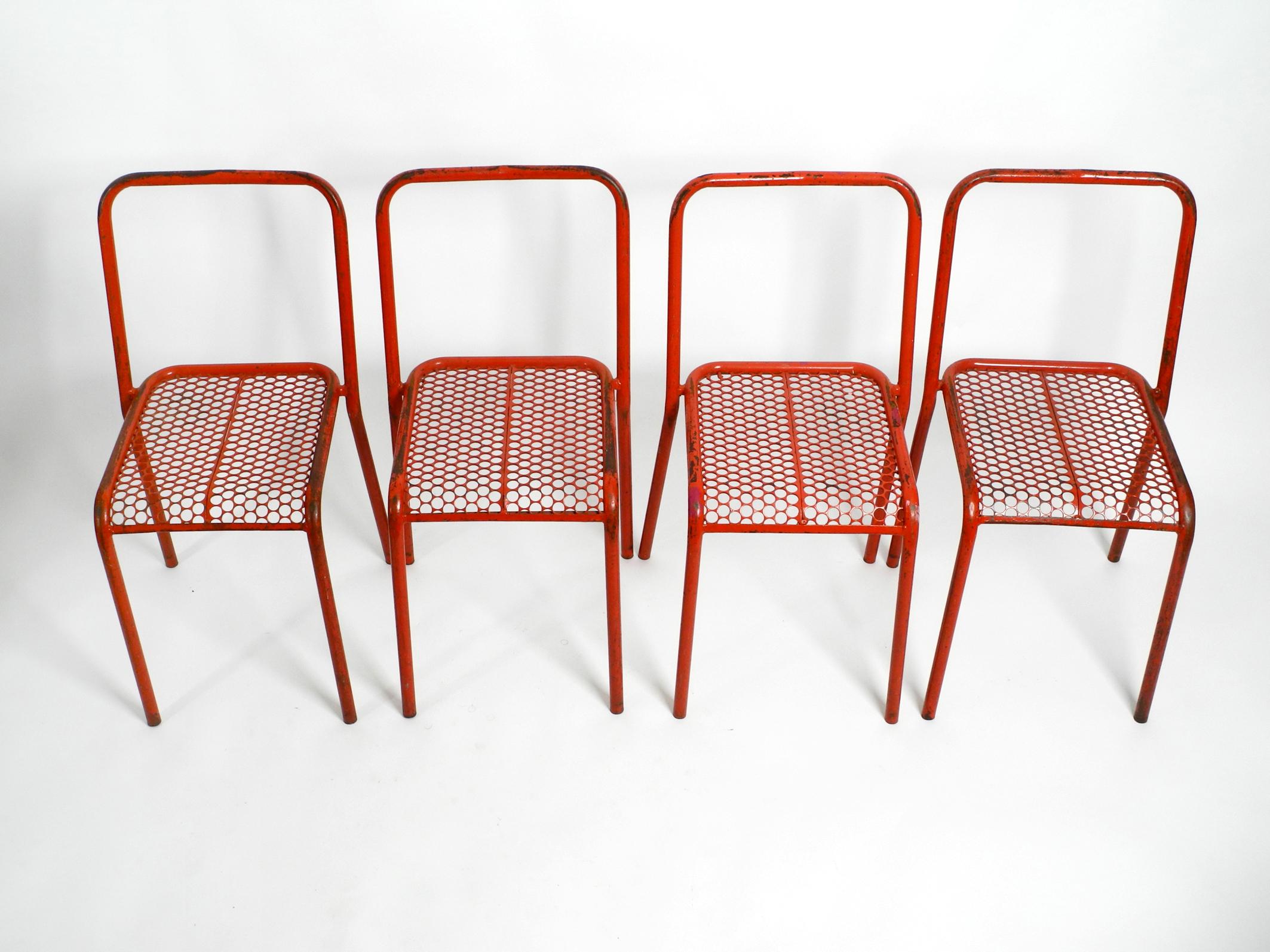 Four 1940s Industrial Metal Chairs by Réne Malaval in Their Original Red Color 14