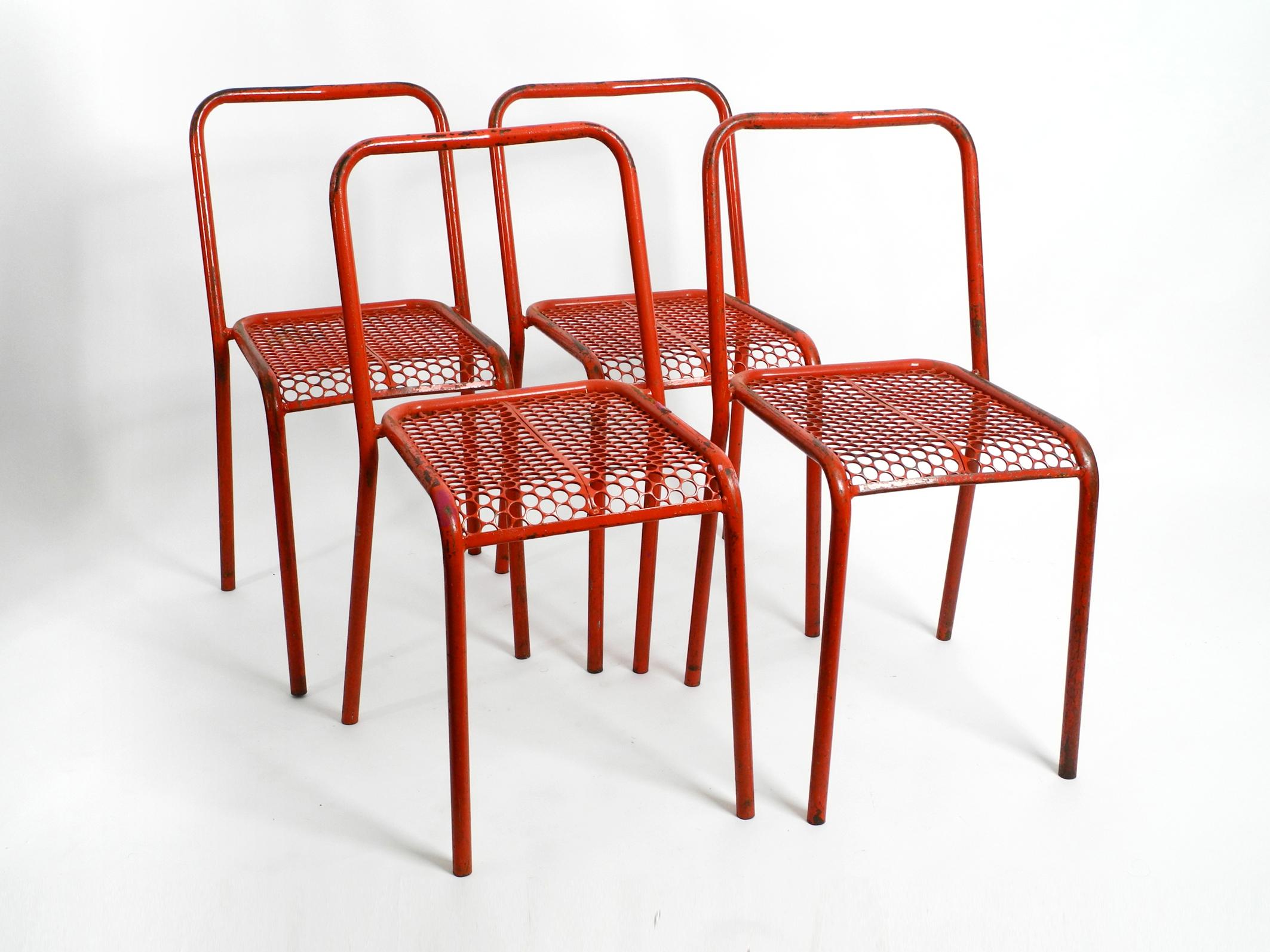 French Four 1940s Industrial Metal Chairs by Réne Malaval in Their Original Red Color