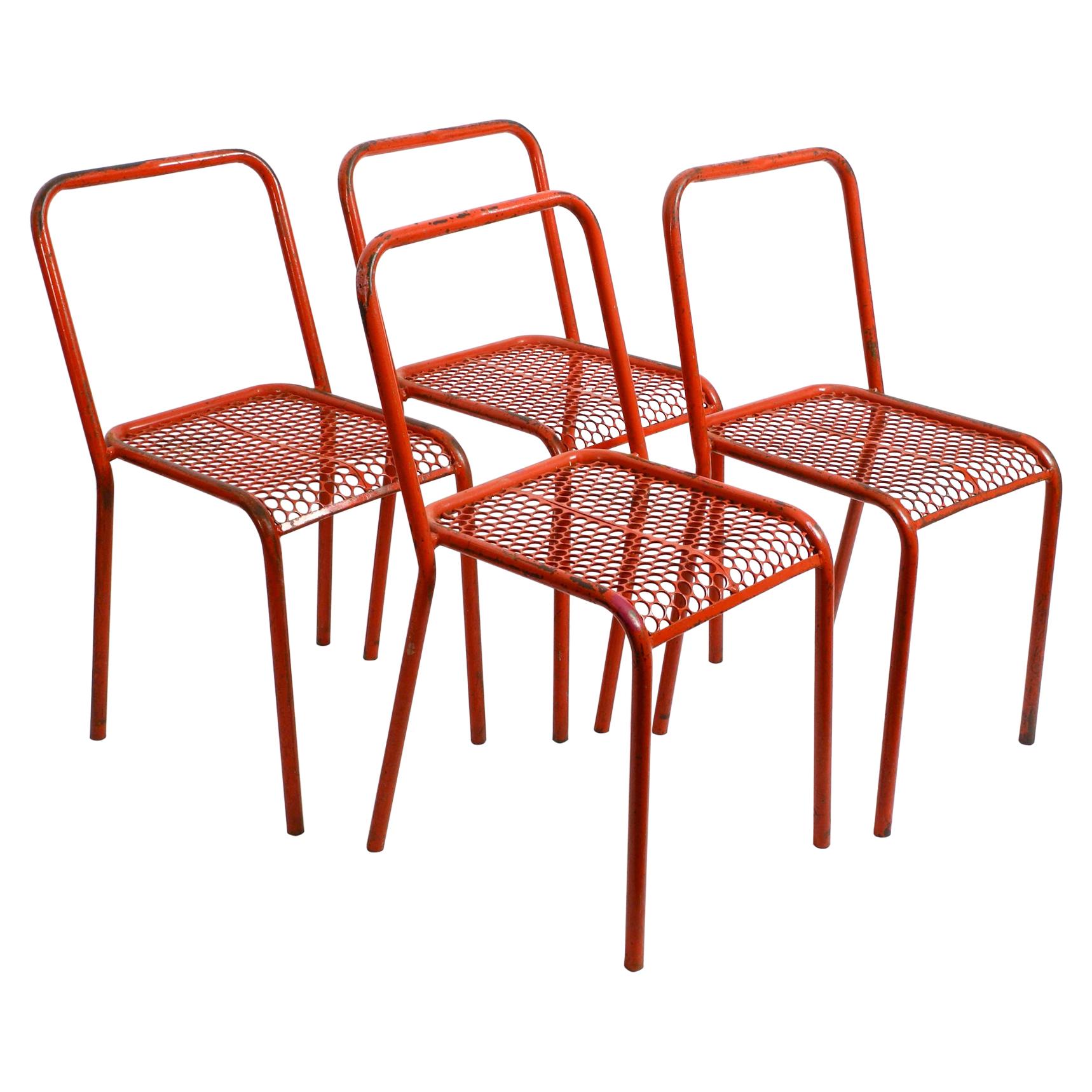 Four 1940s Industrial Metal Chairs by Réne Malaval in Their Original Red Color
