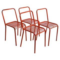 Four 1940s Industrial Metal Chairs by Réne Malaval in Their Original Red Color