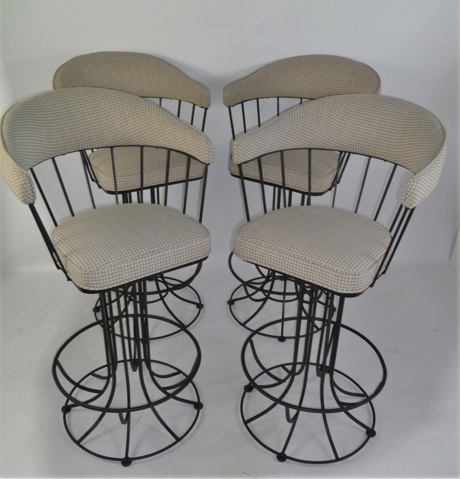 Four 1960s Swiveling Bar Stools Upholstered in Houndstooth Anton Lorenz Inspired 6