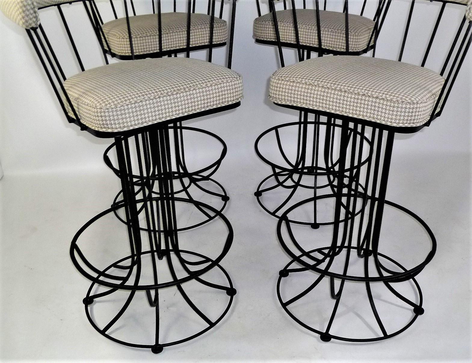 Mid-Century Modern Four 1960s Swiveling Bar Stools Upholstered in Houndstooth Anton Lorenz Inspired