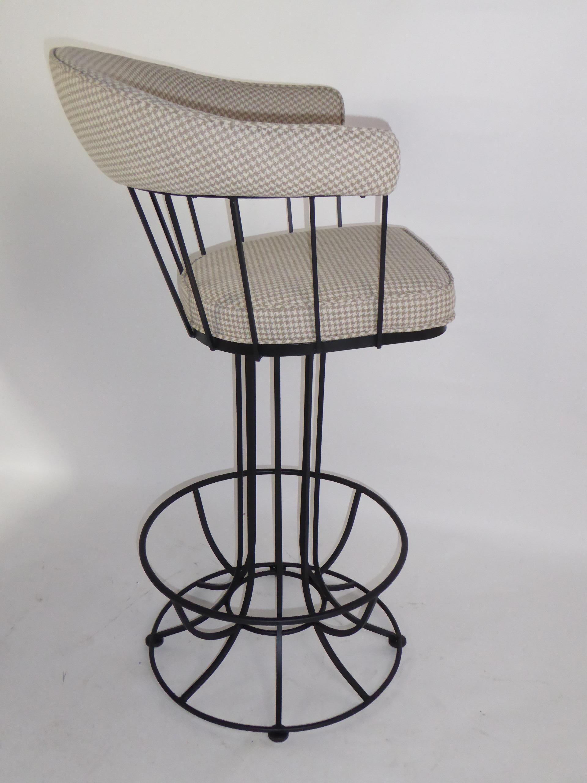 Iron Four 1960s Swiveling Bar Stools Upholstered in Houndstooth Anton Lorenz Inspired