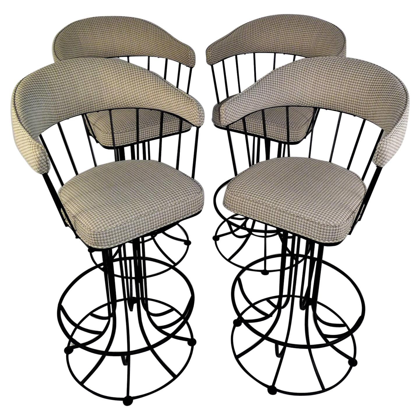 Four 1960s Swiveling Bar Stools Upholstered in Houndstooth Anton Lorenz Inspired