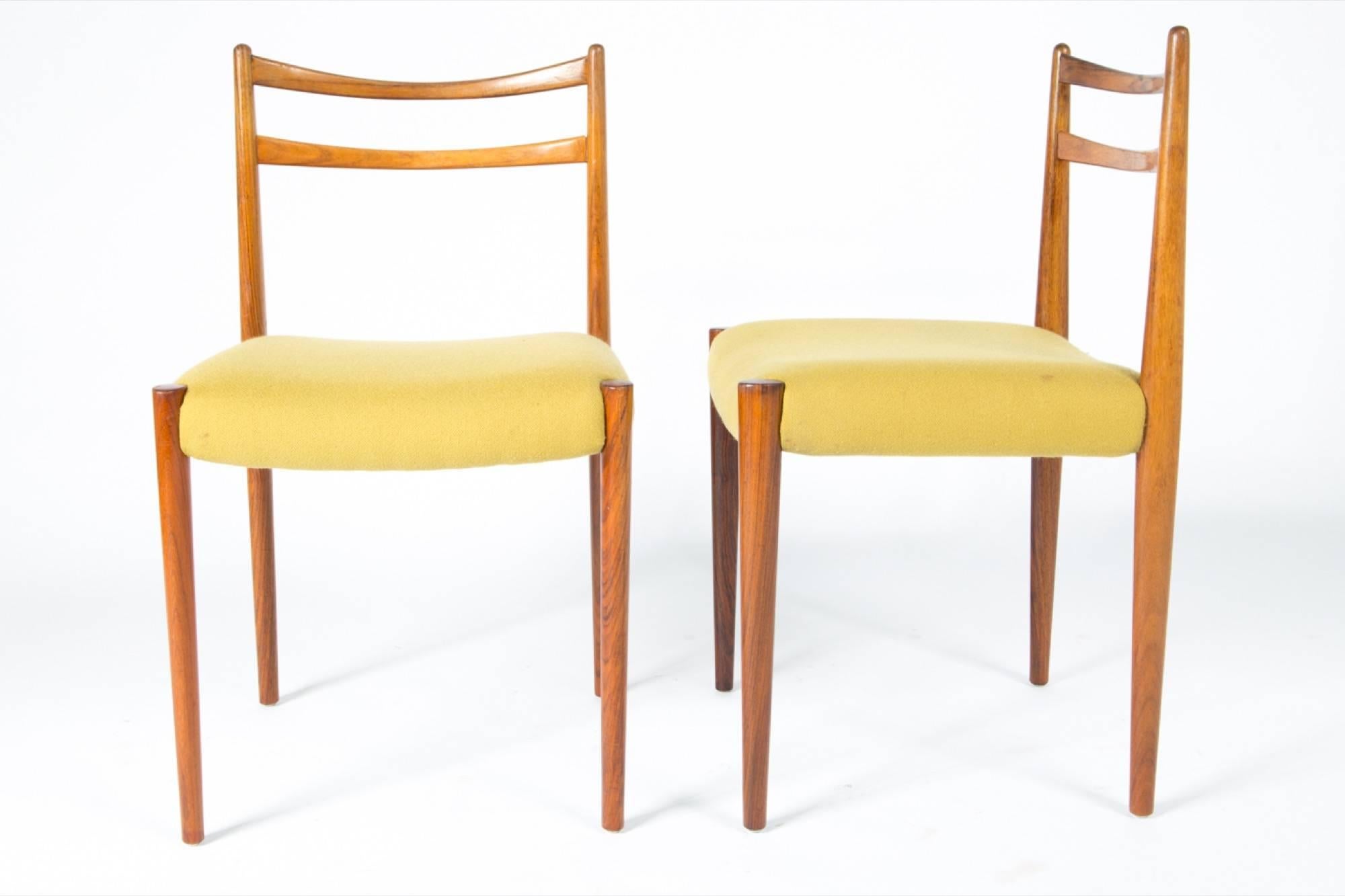 Four 1960s Yellow Fabric Rosewood Danish Modern Chairs In Excellent Condition In Belmont, MA