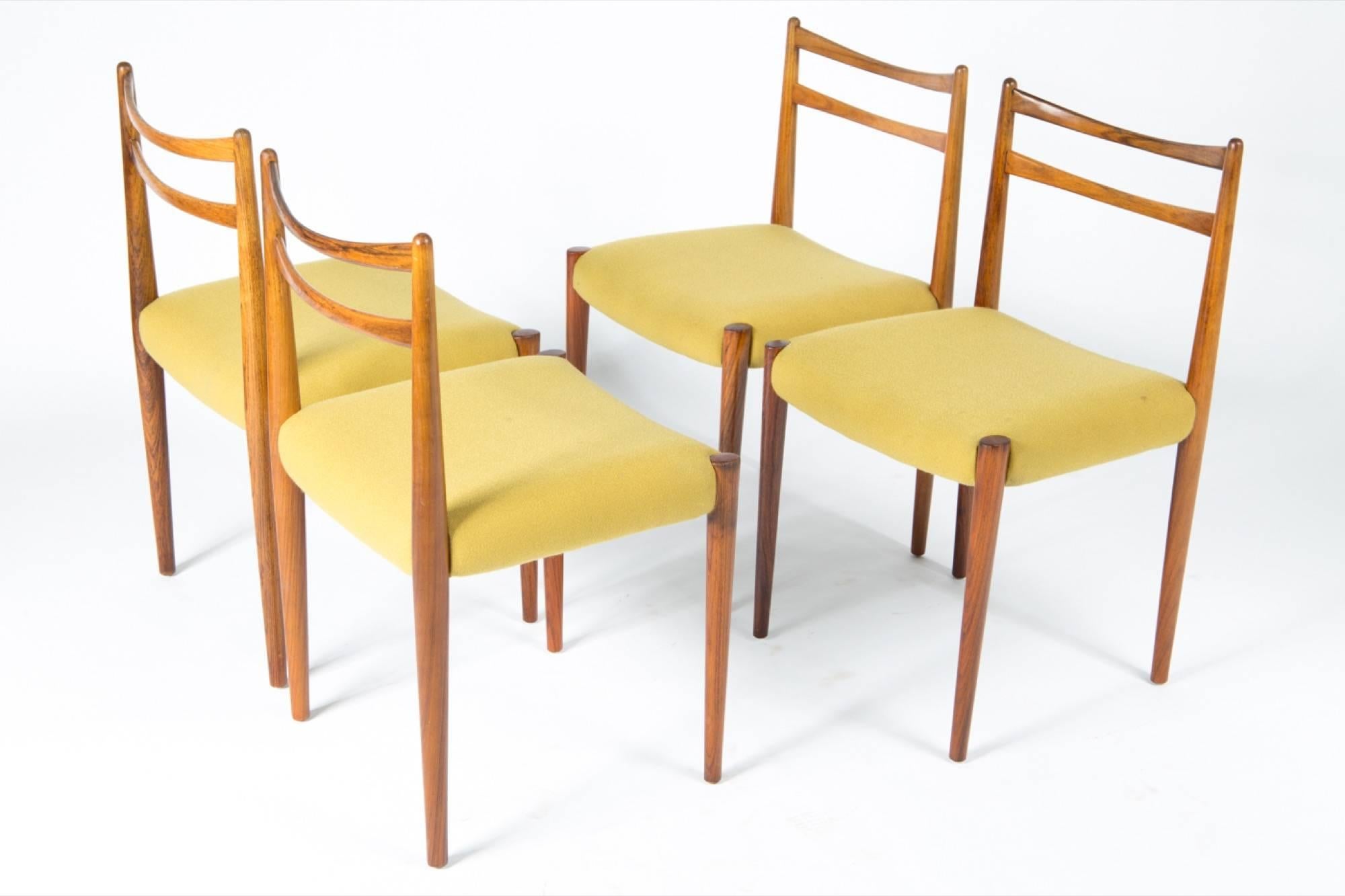 Four 1960s Yellow Fabric Rosewood Danish Modern Chairs