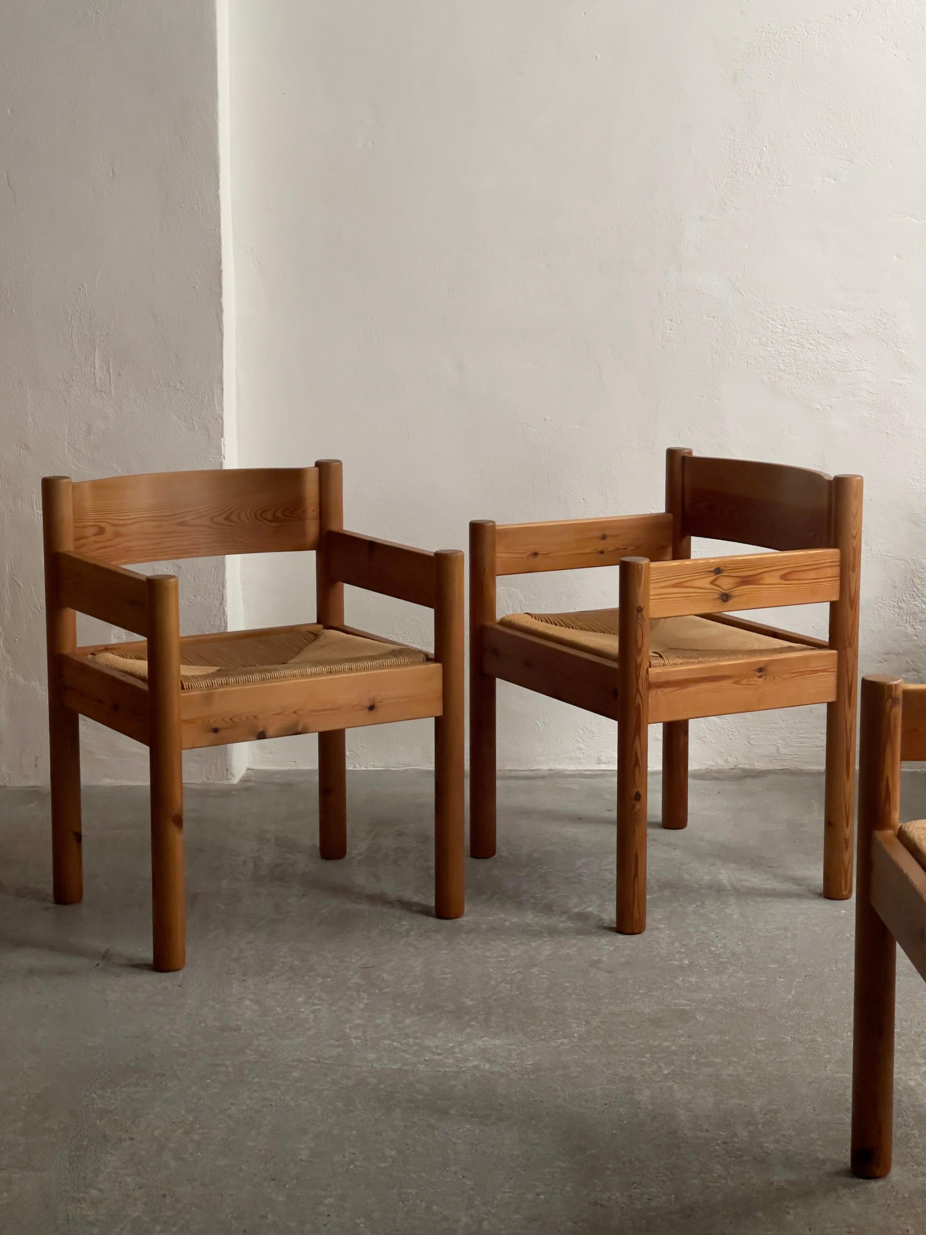 Scandinavian Modern Architects Friis & Moltke dining chairs Denmark 1970, solid pine and paper cord. For Sale