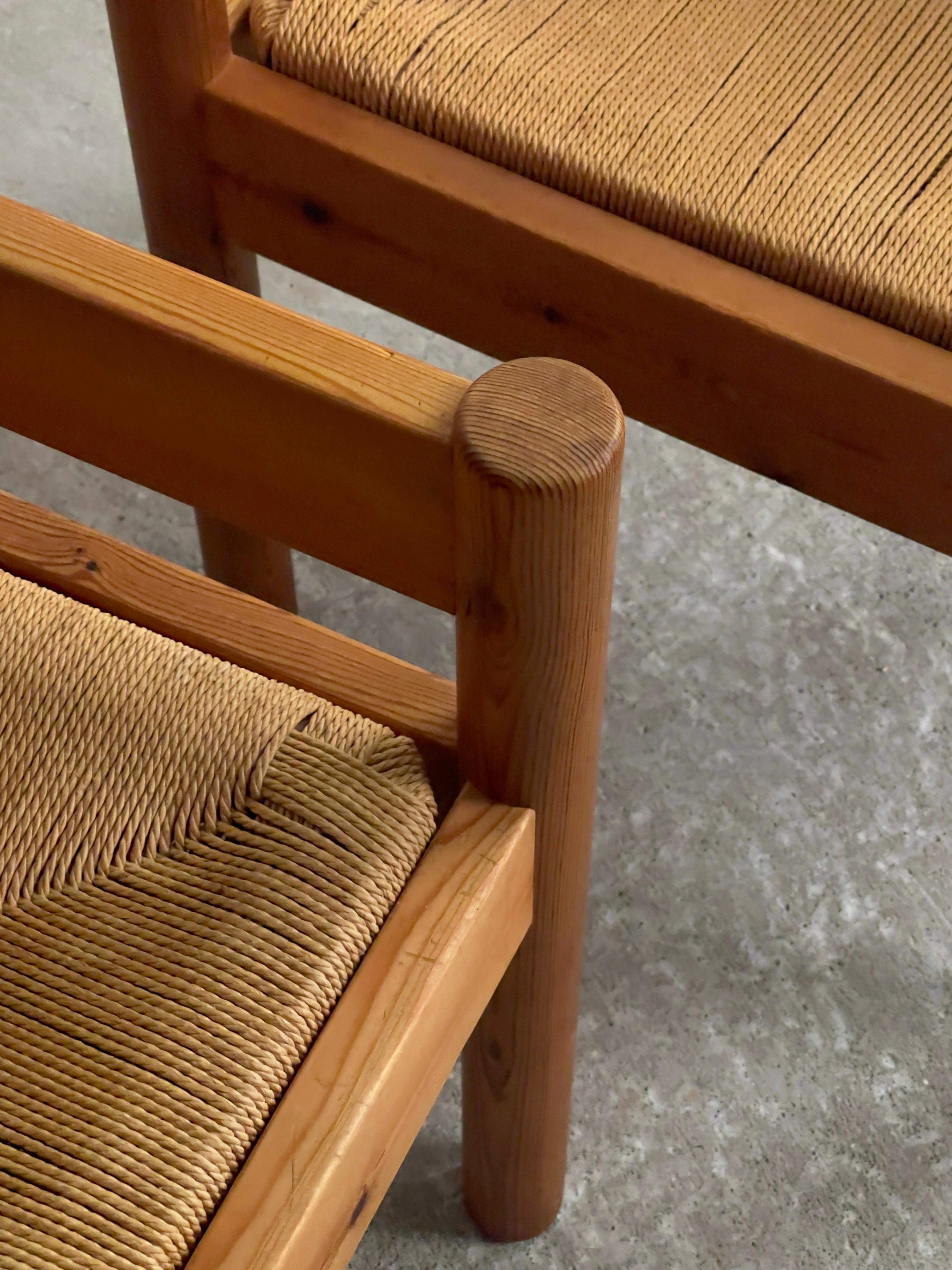 Hand-Crafted Architects Friis & Moltke dining chairs Denmark 1970, solid pine and paper cord. For Sale