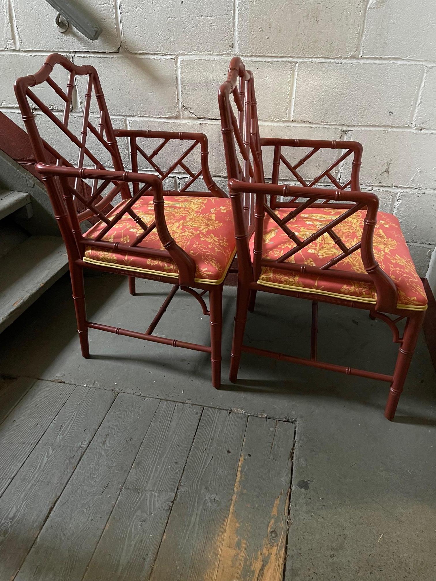 Four 1970s Chinese Chippendale Painted Faux Bamboo Terracotta Armchairs  In Excellent Condition In New York, NY