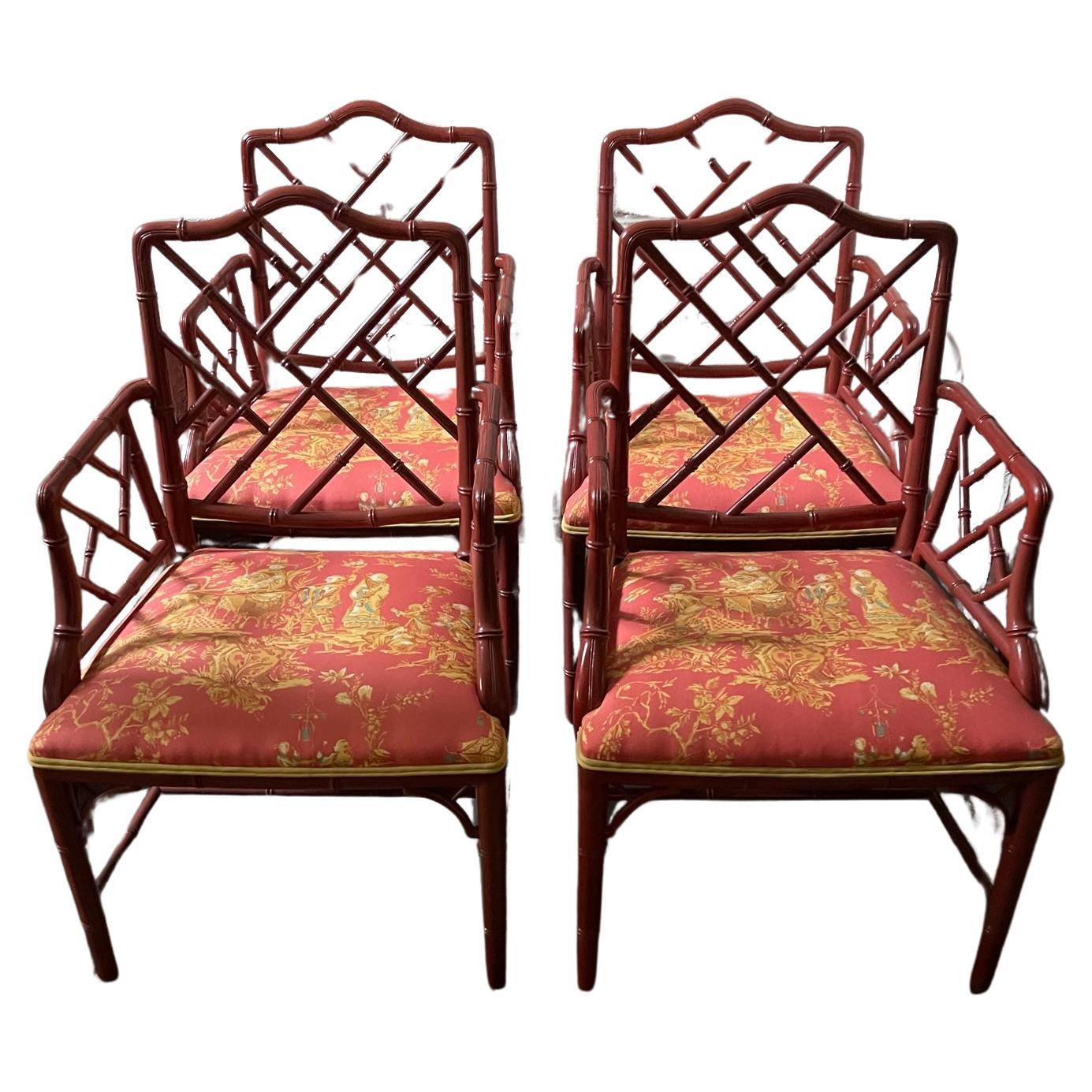 Four 1970s Chinese Chippendale Painted Faux Bamboo Terracotta Armchairs 