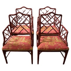 Four 1970s Chinese Chippendale Painted Faux Bamboo Terracotta Armchairs 