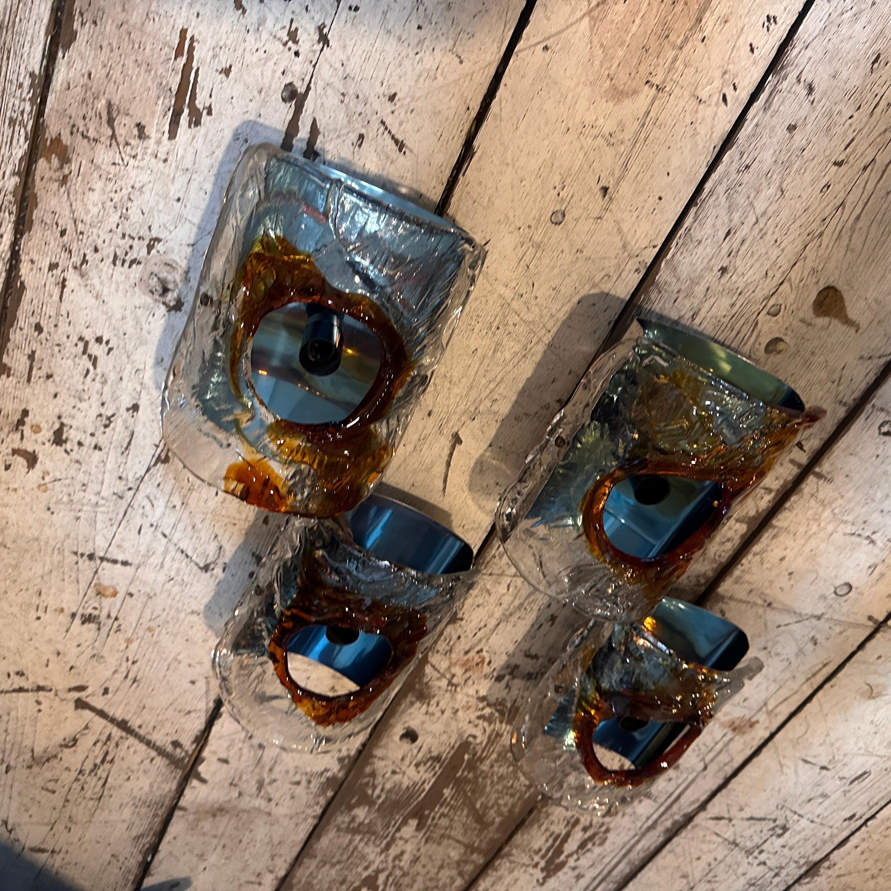 Three 1970s Space Age Murano Glass and Steel Wall Sconces by Mazzega 2