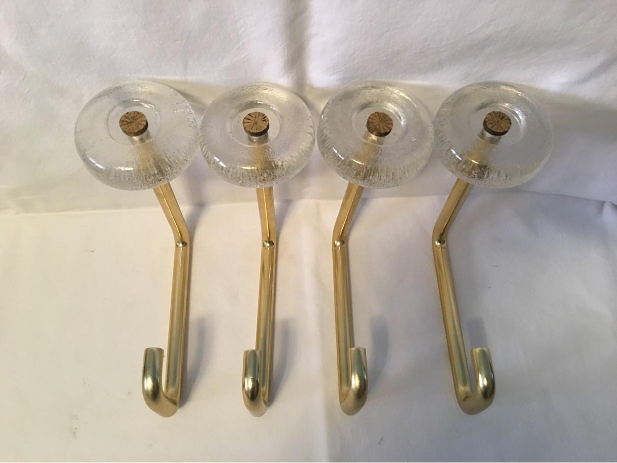 Great unique set of four 1970s wall hooks made of glass and aluminum, Germany Mid-Century Modern.