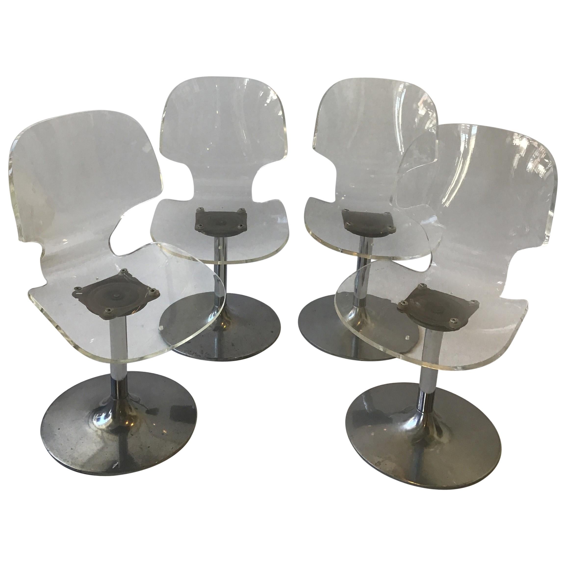 Four 1980s Lucite Chairs on Metal Bases