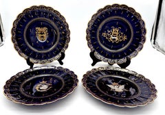 Four 19th C. French Armorial Cobalt & Gilt Plates Attributed to Limoges