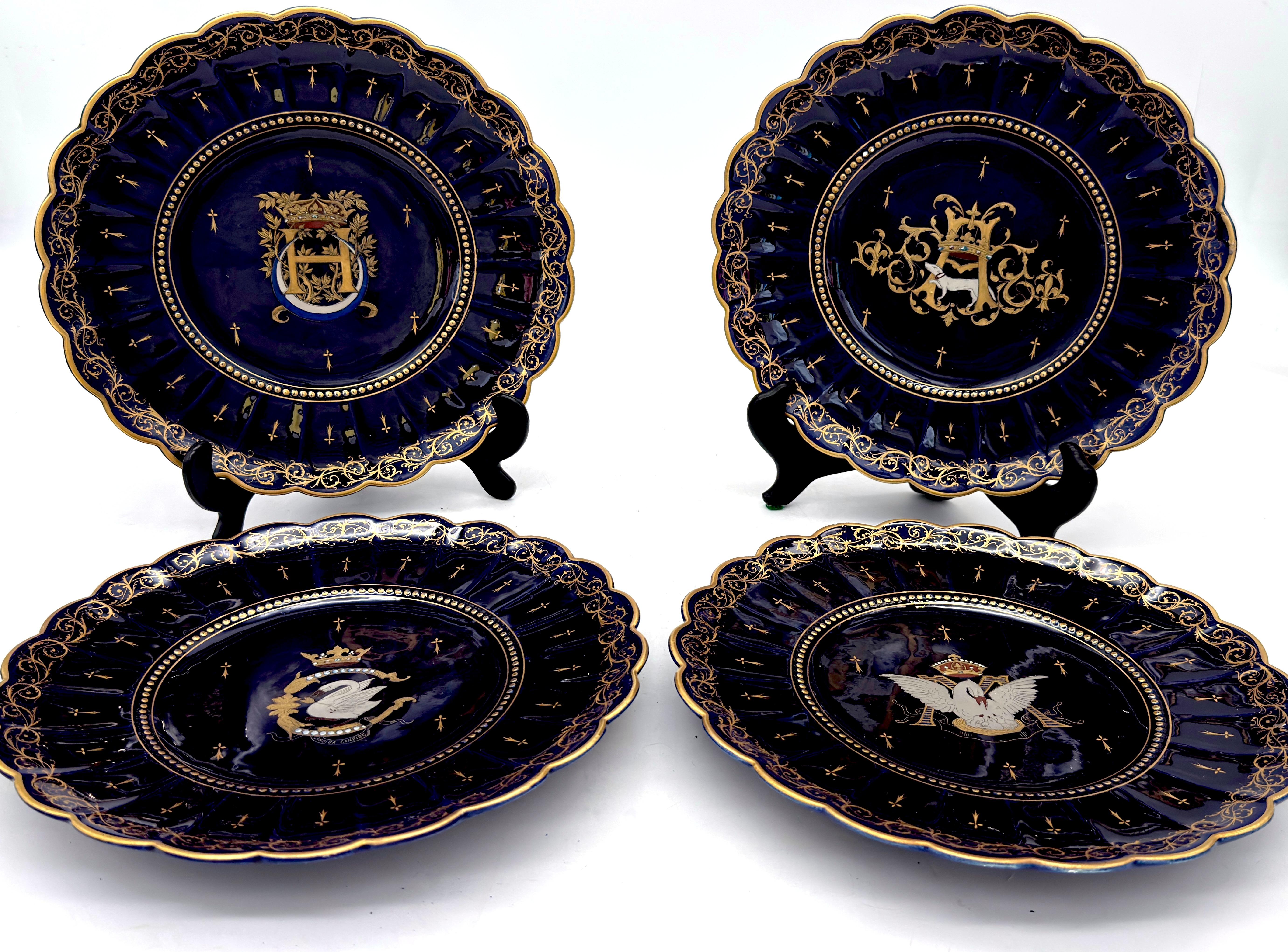 Baroque Revival Four 19th C. French Armorial Cobalt & Gilt Plates Attributed to Limoges For Sale