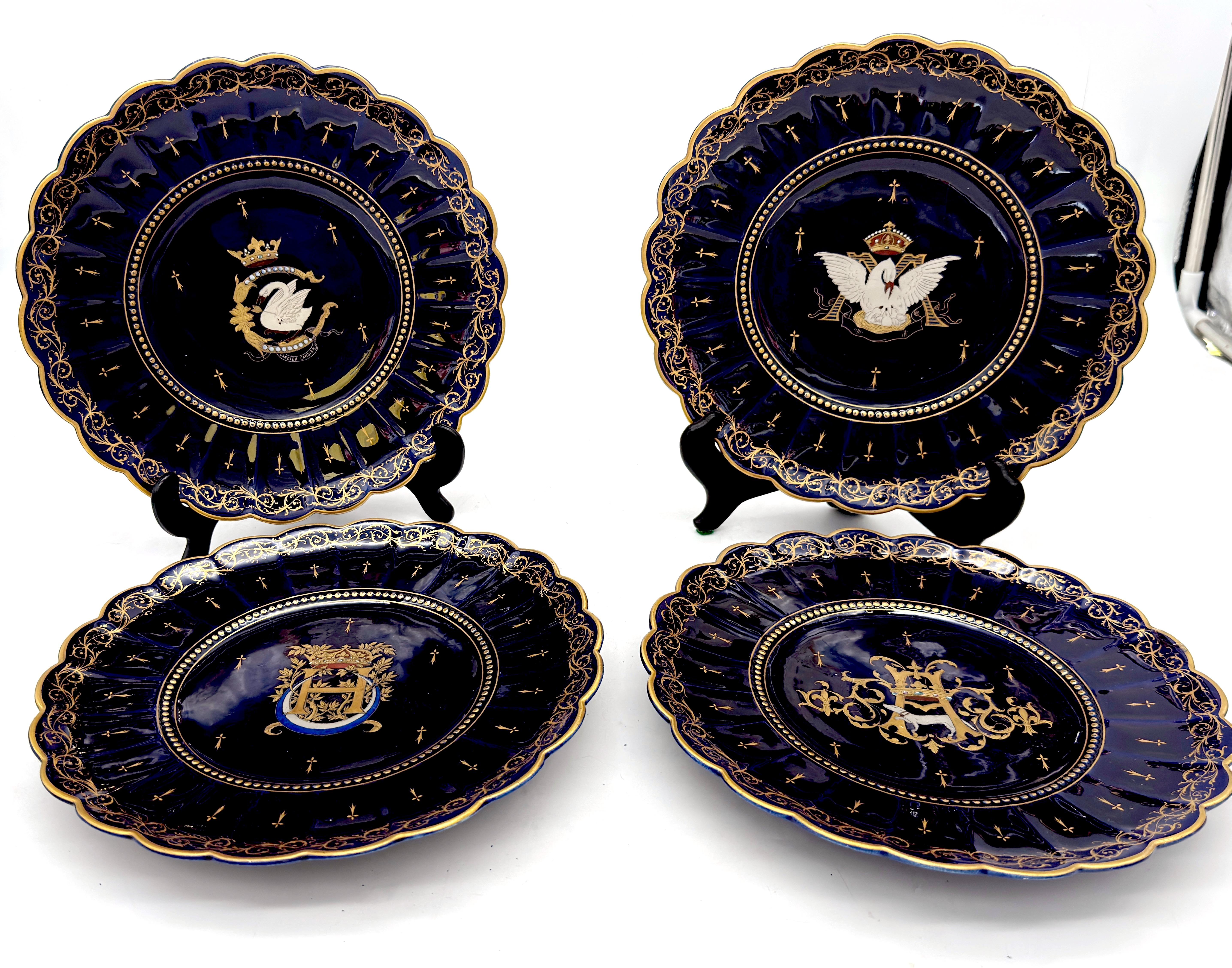 Enameled Four 19th C. French Armorial Cobalt & Gilt Plates Attributed to Limoges For Sale
