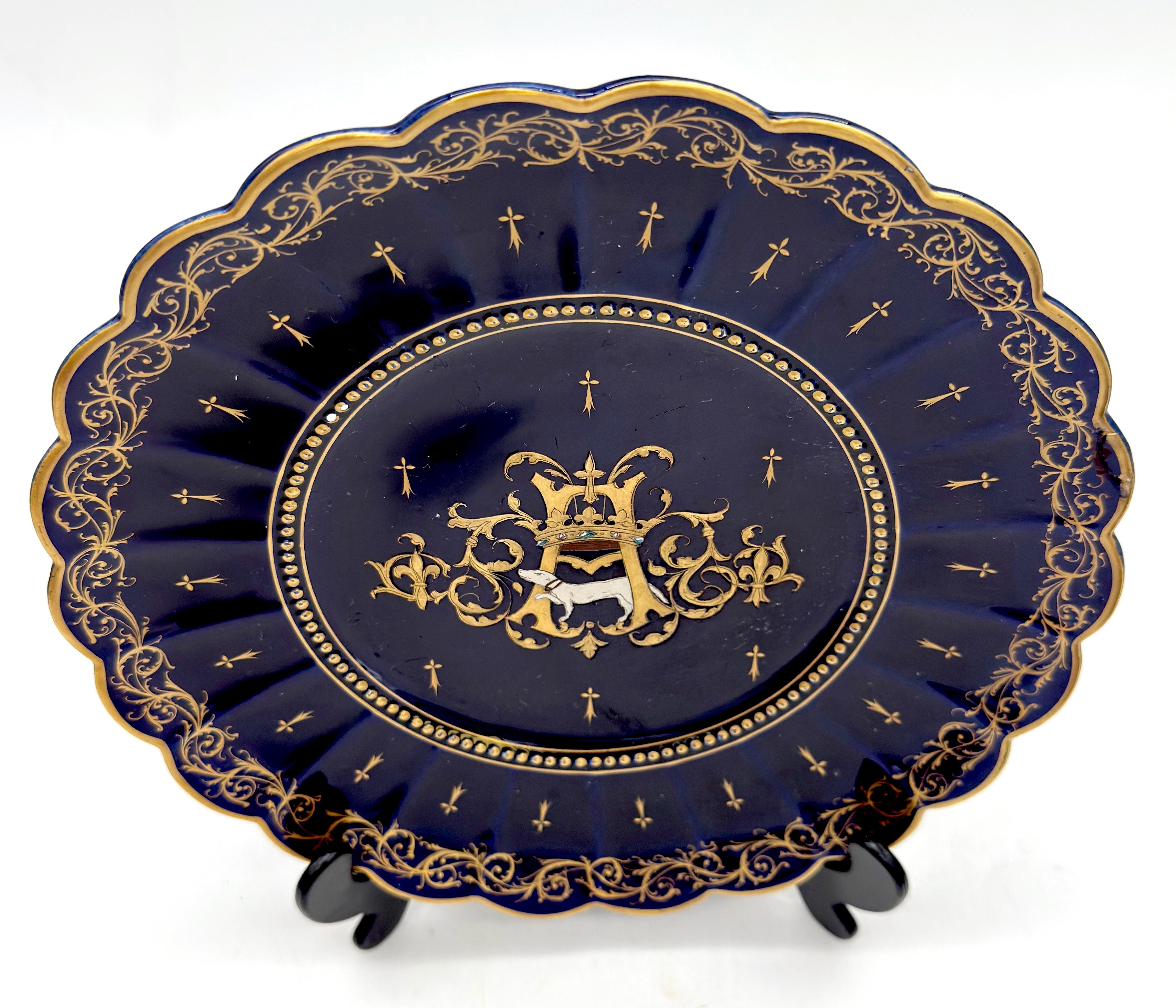 Porcelain Four 19th C. French Armorial Cobalt & Gilt Plates Attributed to Limoges For Sale