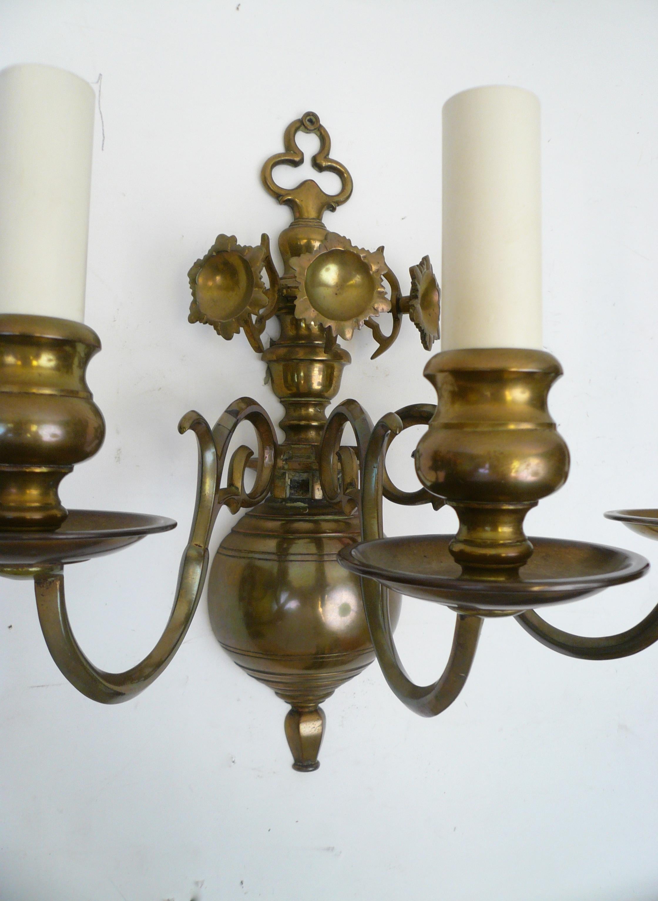 Cast Four 19th Century Classic Dutch Baroque Style Brass Three-Light Sconces