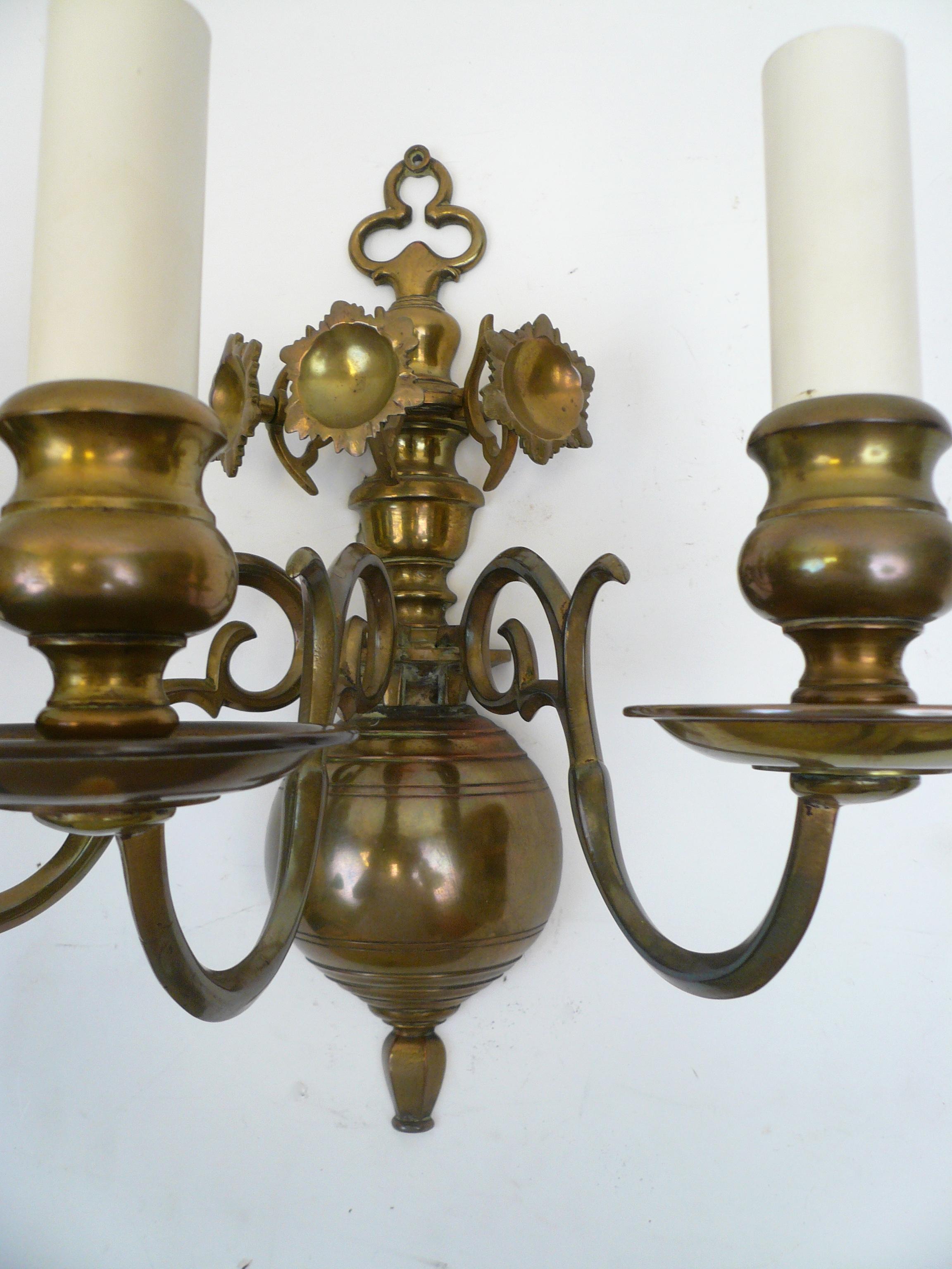 Four 19th Century Classic Dutch Baroque Style Brass Three-Light Sconces In Excellent Condition In Pittsburgh, PA