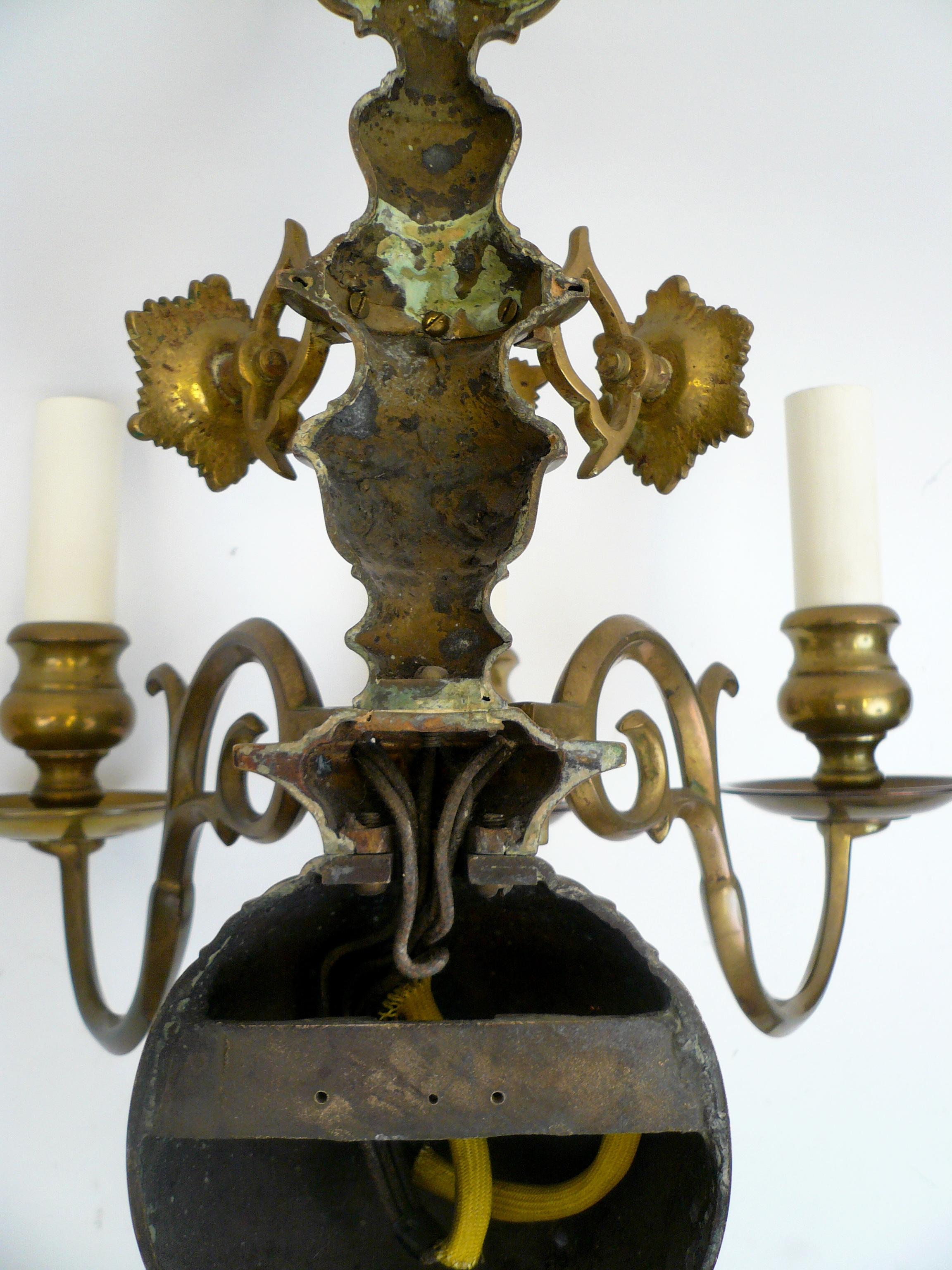 Four 19th Century Classic Dutch Baroque Style Brass Three-Light Sconces 2