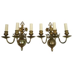 Four 19th Century Classic Dutch Baroque Style Brass Three-Light Sconces