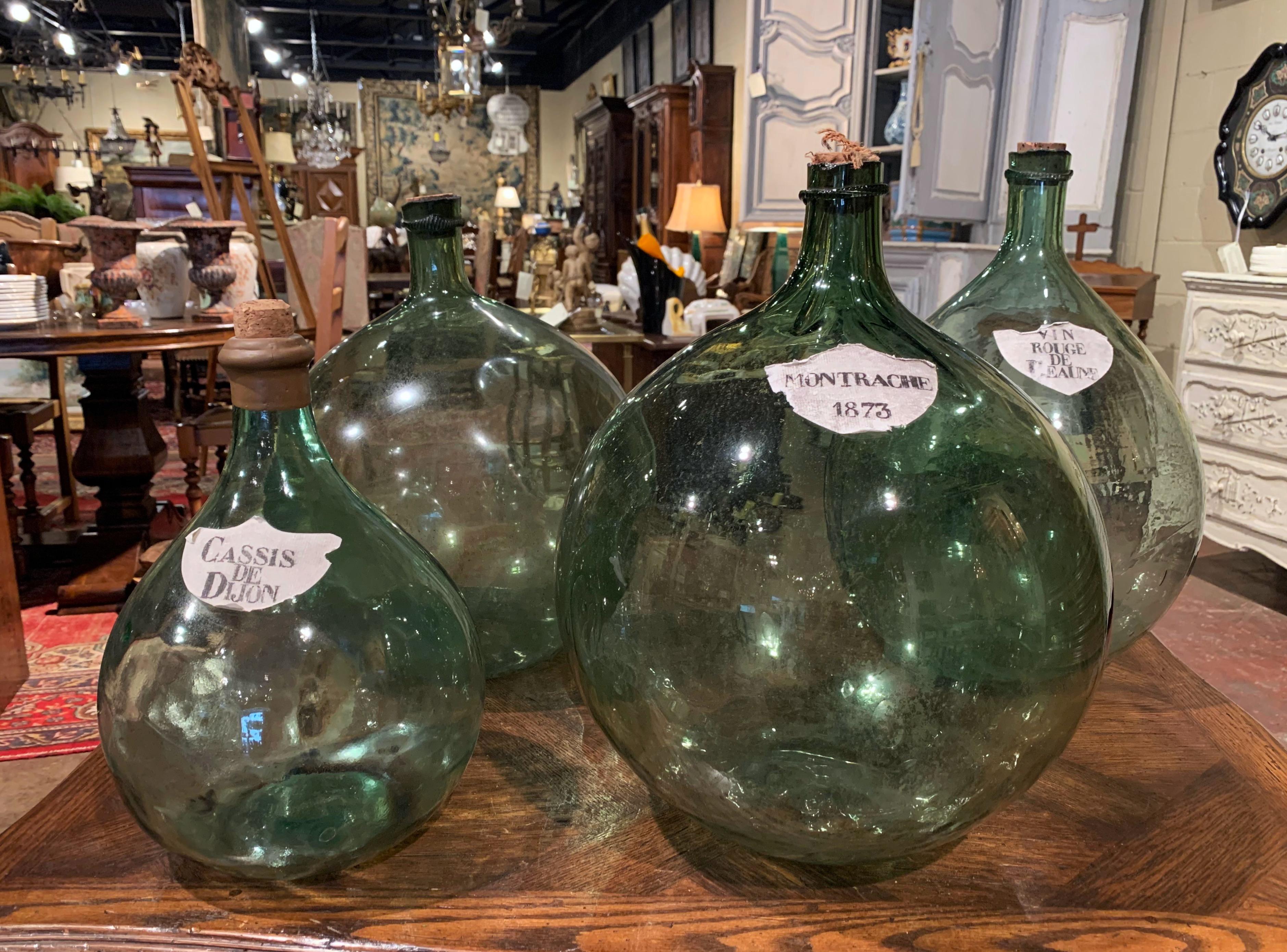Four 19th Century French Hand Blown Glass Wine Bottles with Decorative Labels In Excellent Condition In Dallas, TX