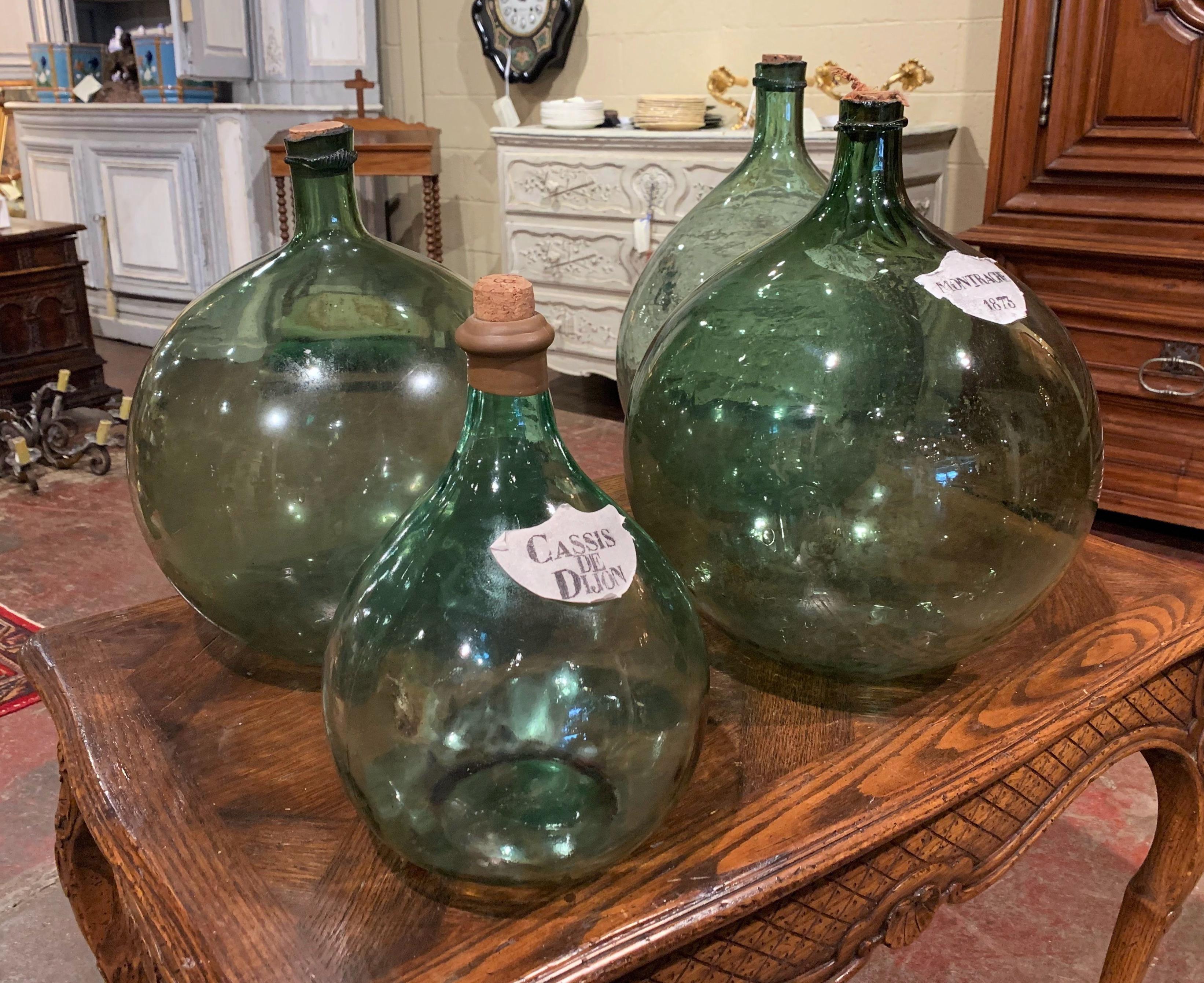 Four 19th Century French Hand Blown Glass Wine Bottles with Decorative Labels 2