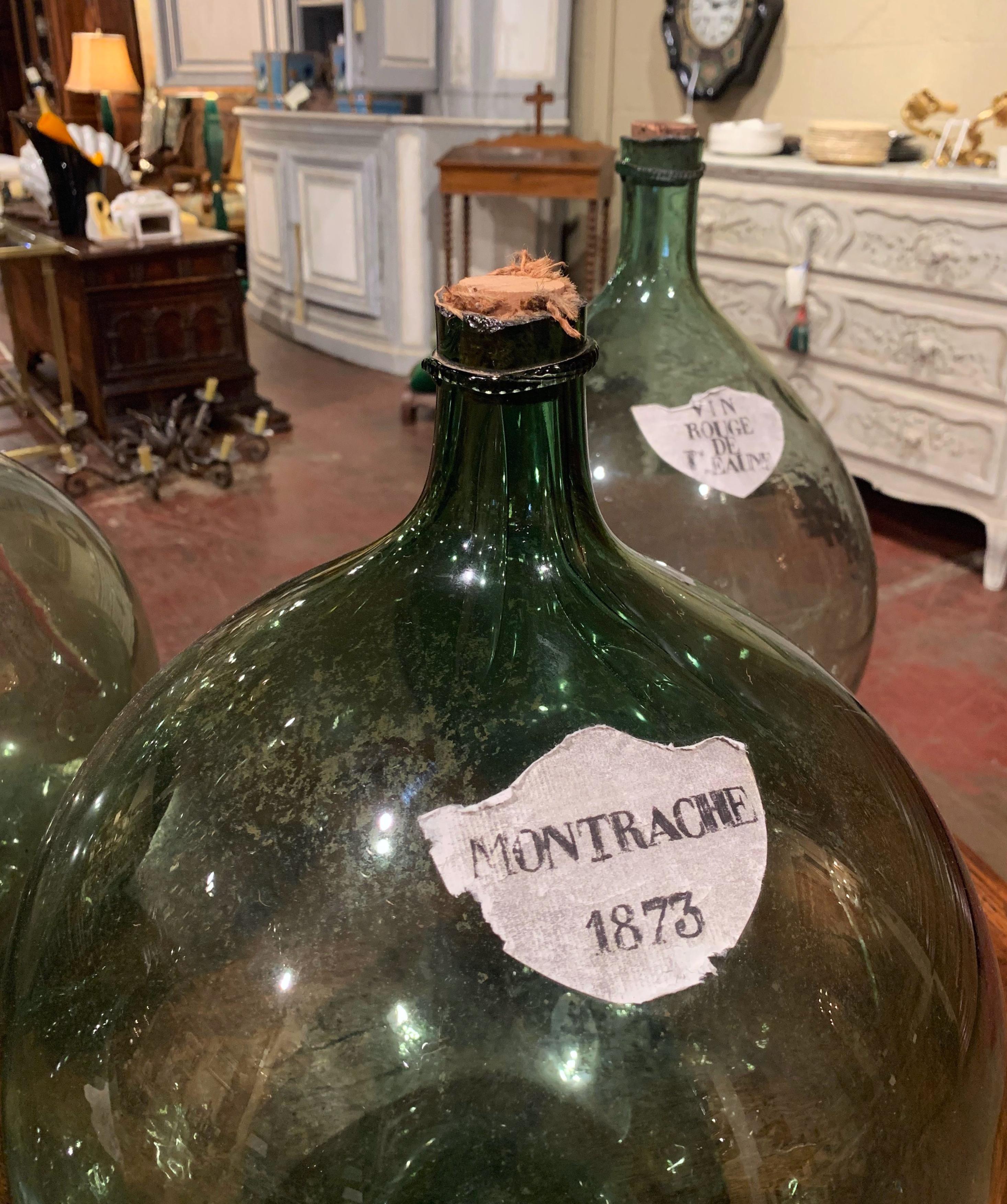 Four 19th Century French Hand Blown Glass Wine Bottles with Decorative Labels 3