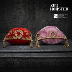 Four 19th Century French Red and Pink Silk Velvet Marriage Cushions Gilt Cord