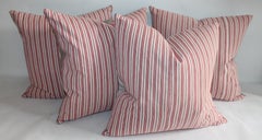 Four 19th Century Red and White Stripe Ticking Pillows, Collection of Four