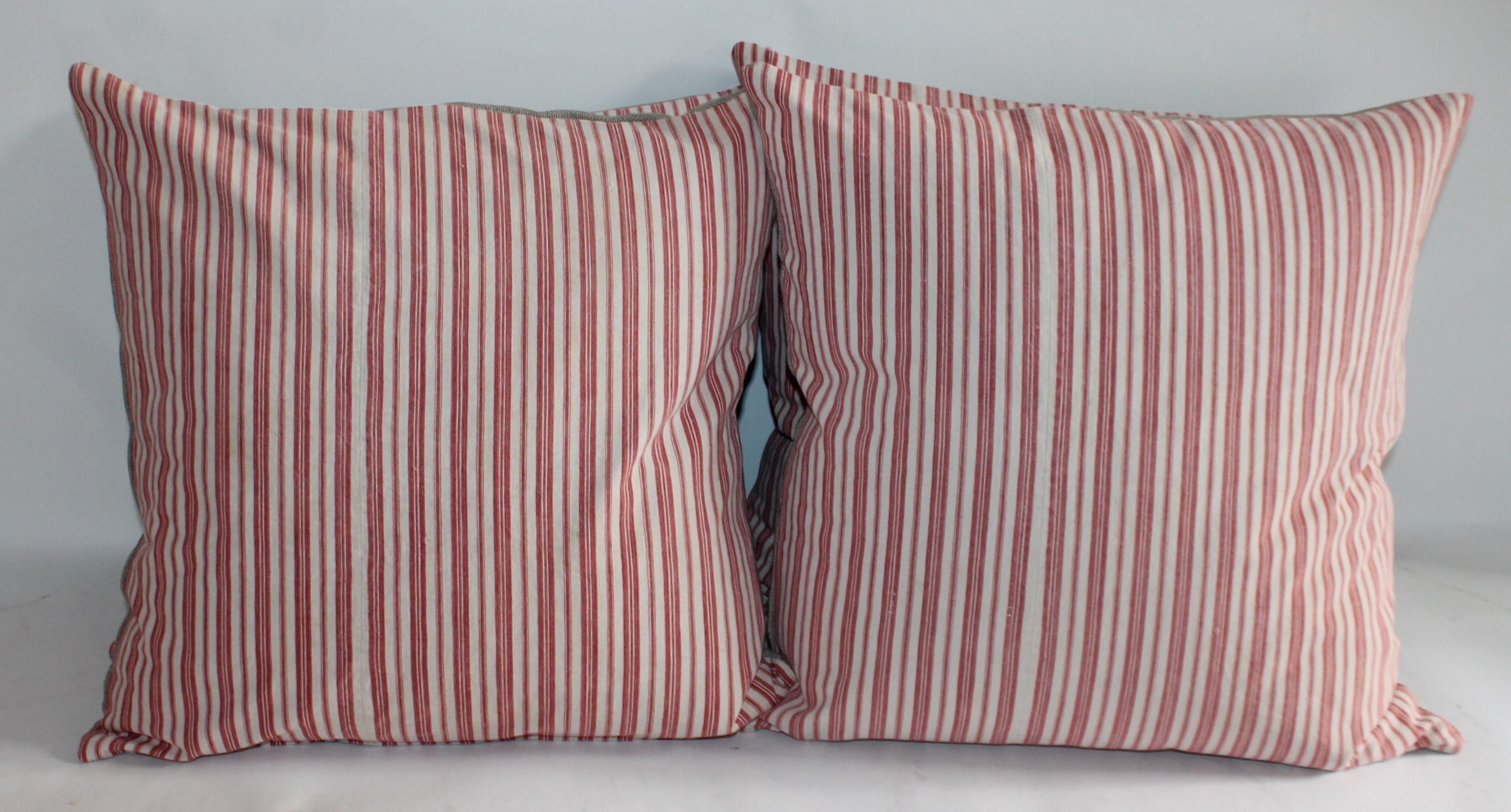 Adirondack Four 19th Century Red and White Stripe Ticking Pillows, Collection of Four For Sale