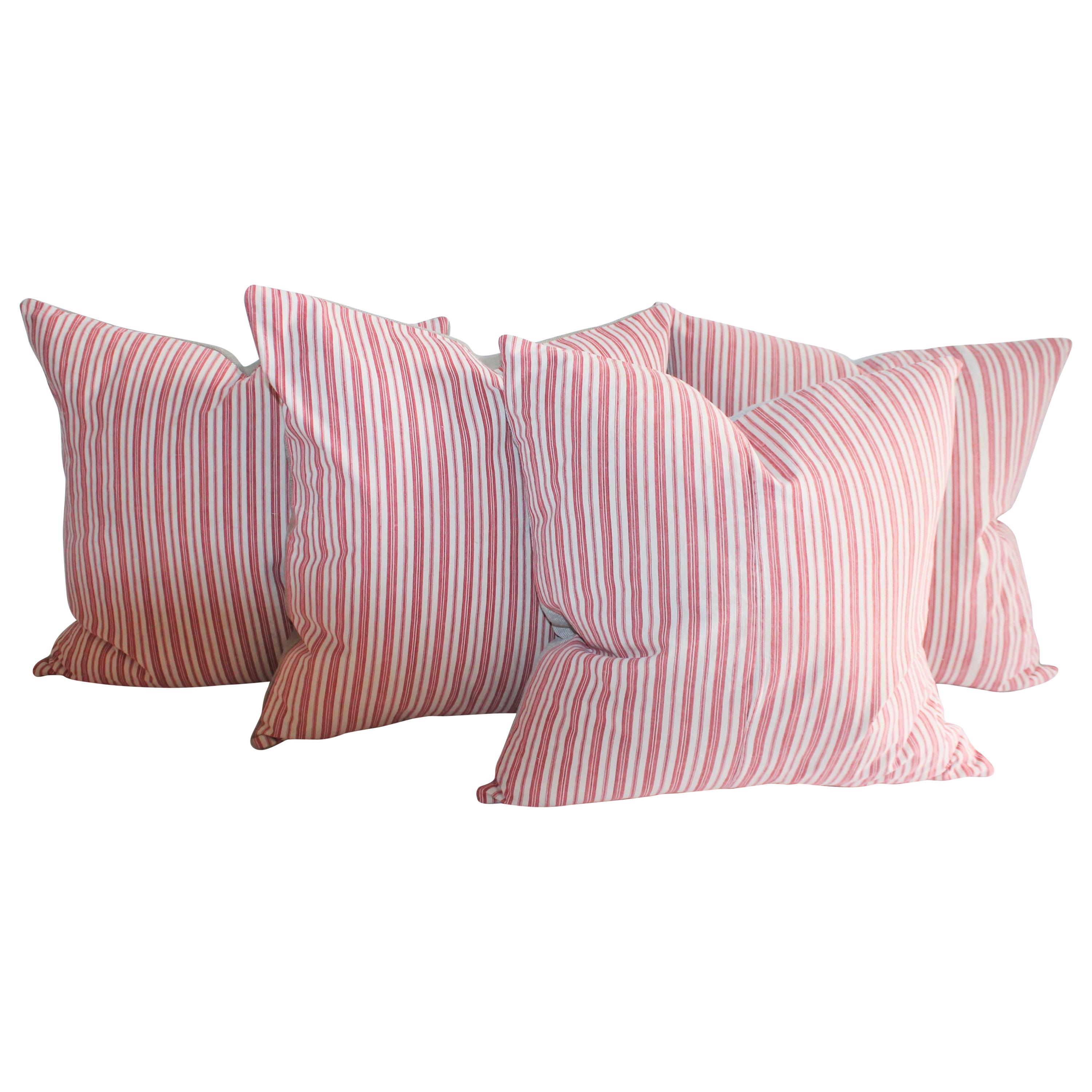 Four 19th Century Red and White Stripe Ticking Pillows, Collection of Four For Sale