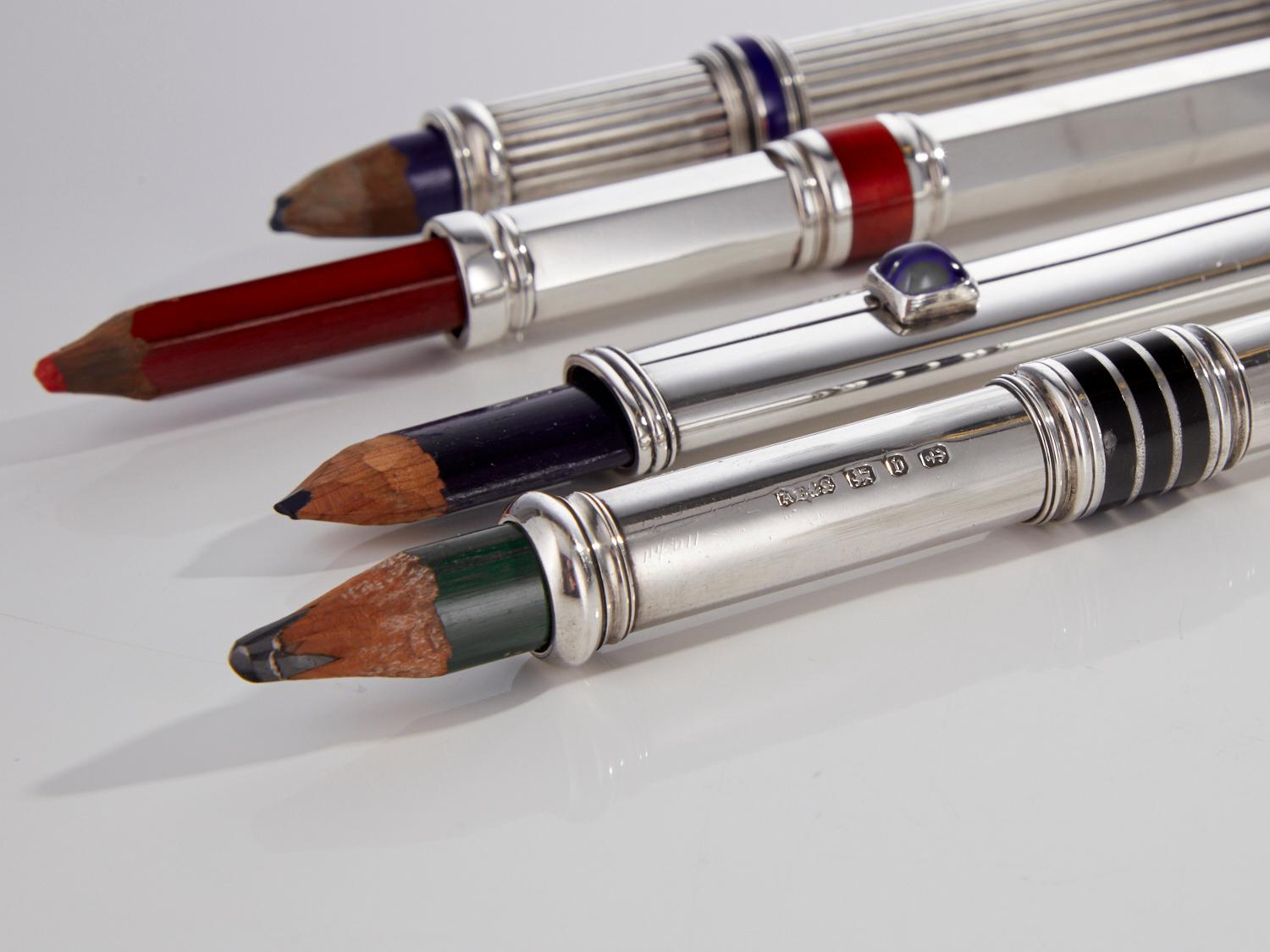 4 Antique Sterling Silver & Enamel Draftsmen Pencils European Circa 1910 In Excellent Condition For Sale In London, GB