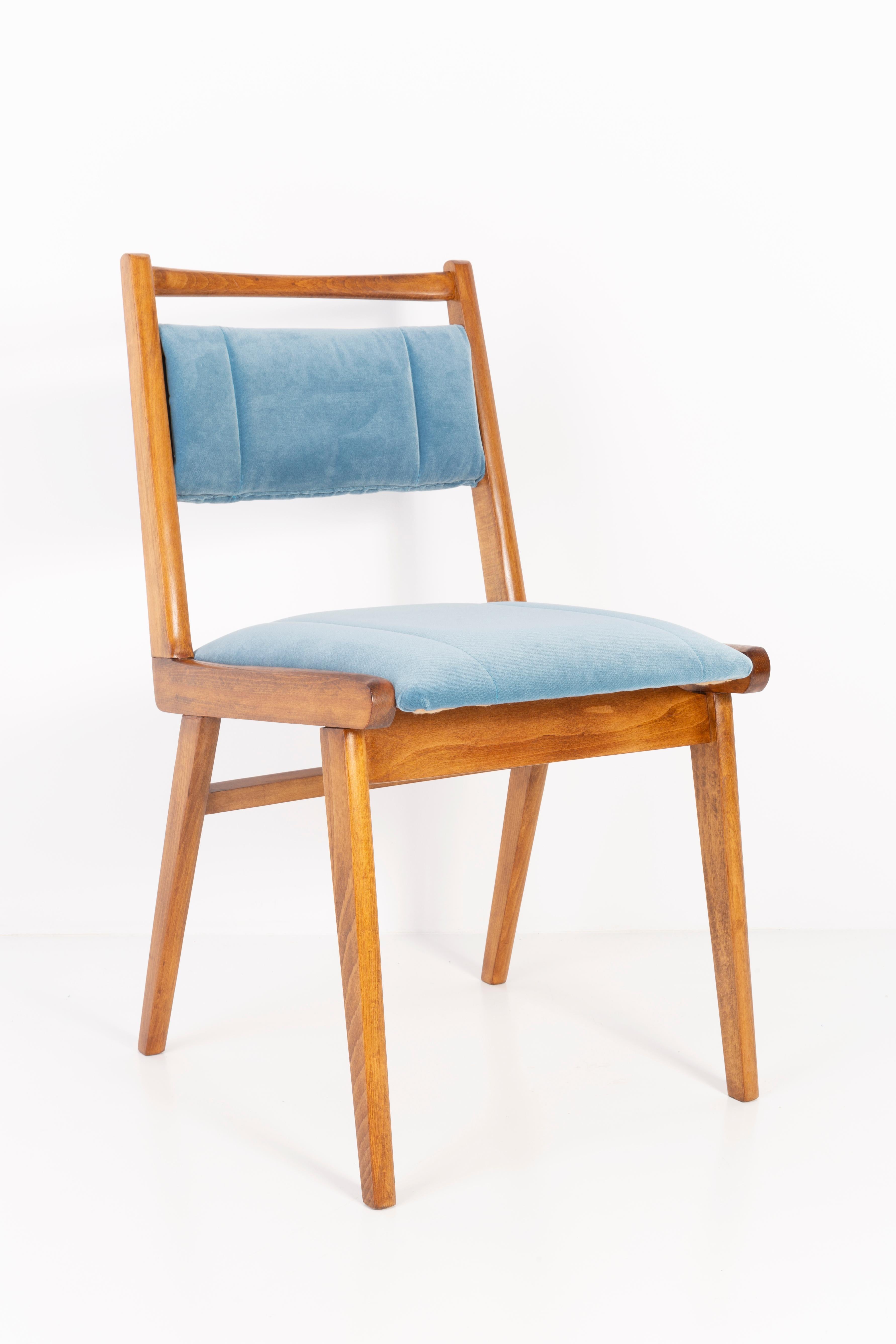 Hand-Crafted Four 20th Century Blue Velvet Chairs, Poland, 1960s For Sale