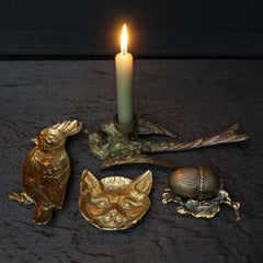 Four 20th Century Brass Trinket Dish Candlestick Cockatoo, Cat, Acorn Sparrow
