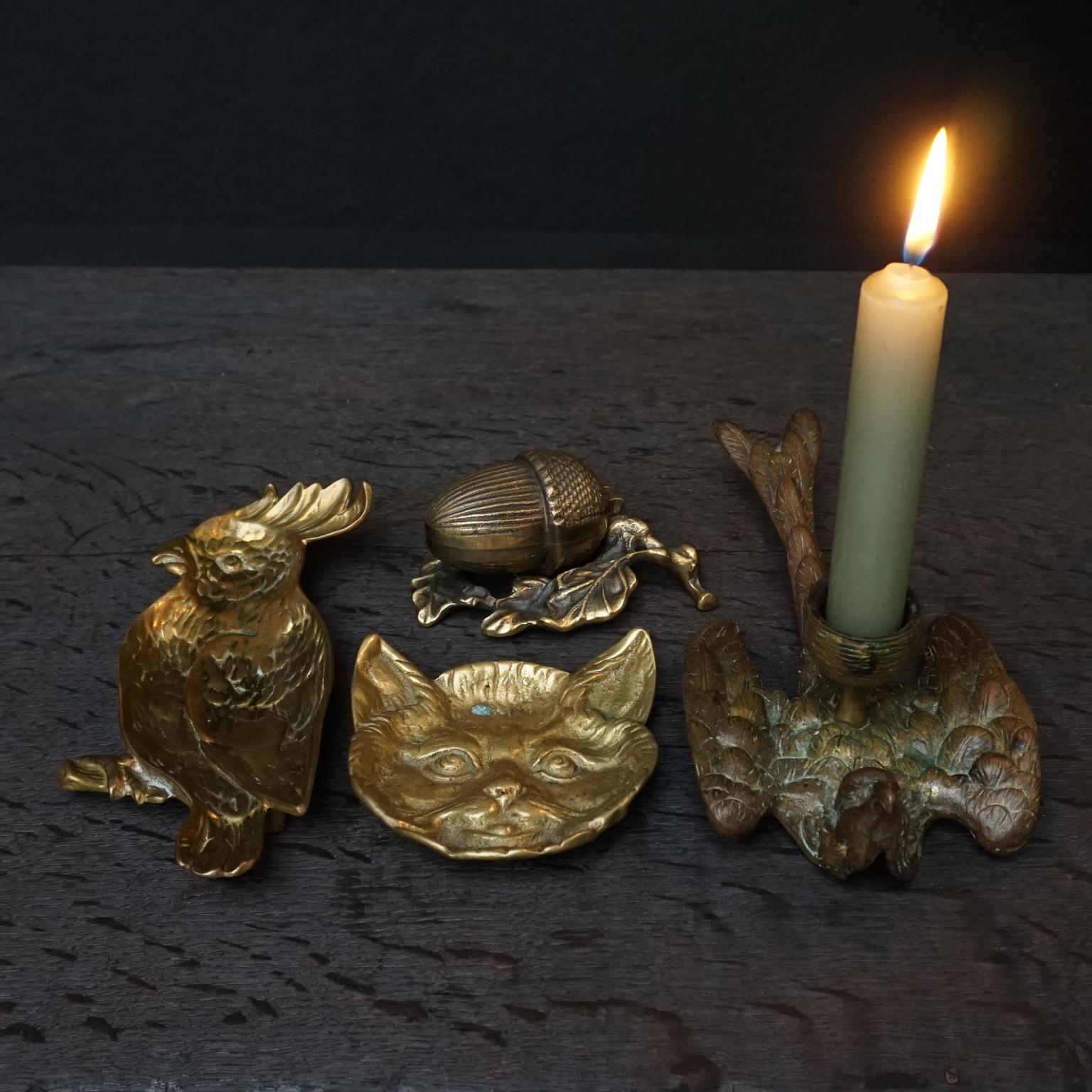 European Four 20th Century Brass Trinket Dish Candlestick Cockatoo, Cat, Acorn Sparrow For Sale