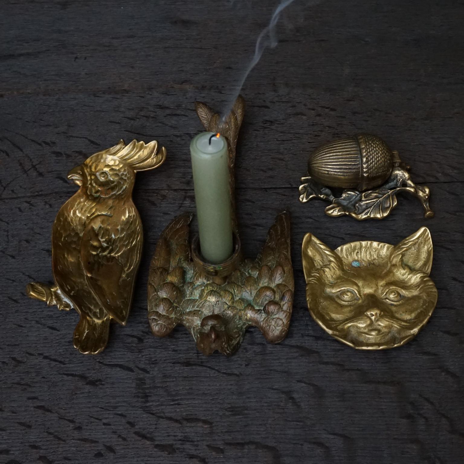 Cast Four 20th Century Brass Trinket Dish Candlestick Cockatoo, Cat, Acorn Sparrow For Sale