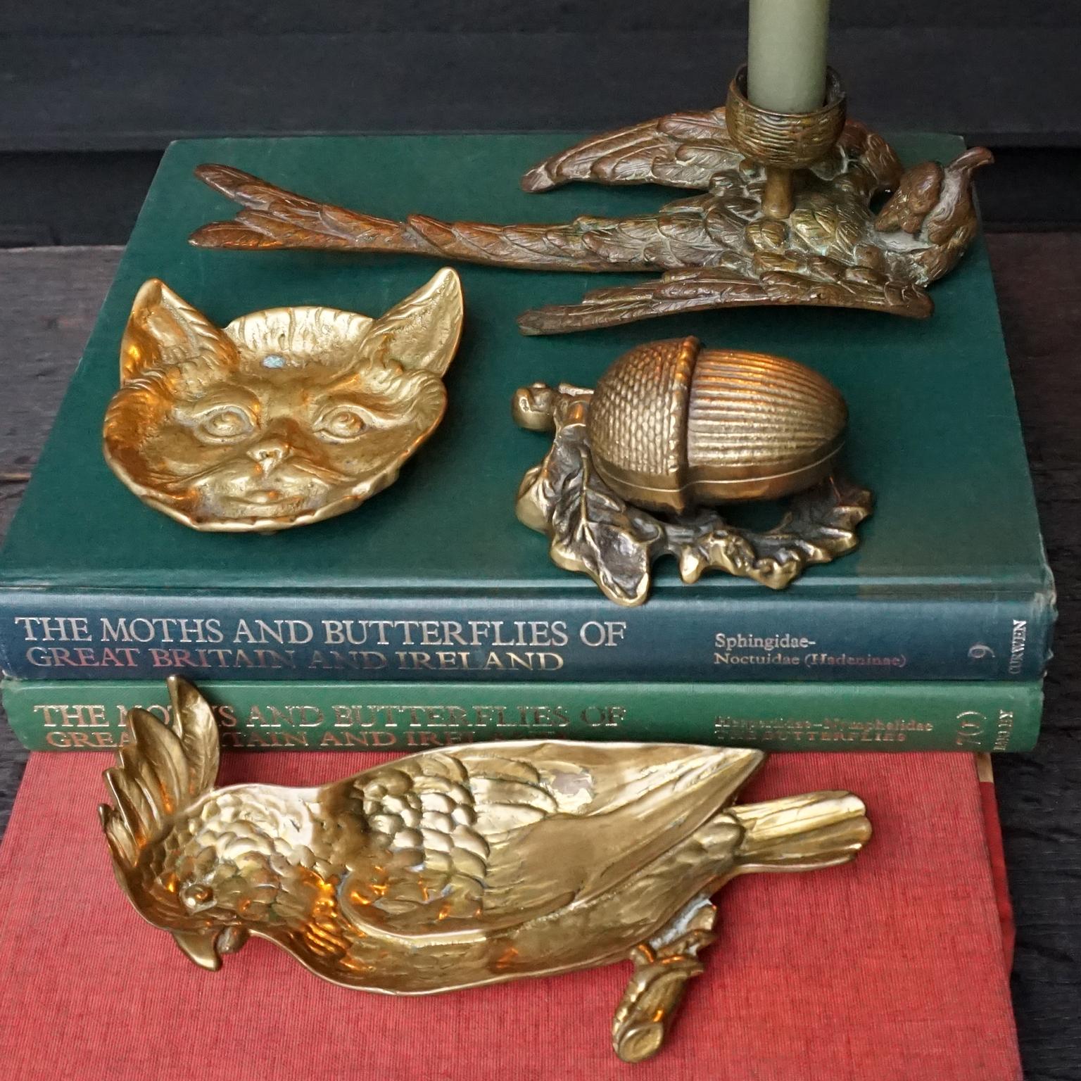 Four 20th Century Brass Trinket Dish Candlestick Cockatoo, Cat, Acorn Sparrow For Sale 1