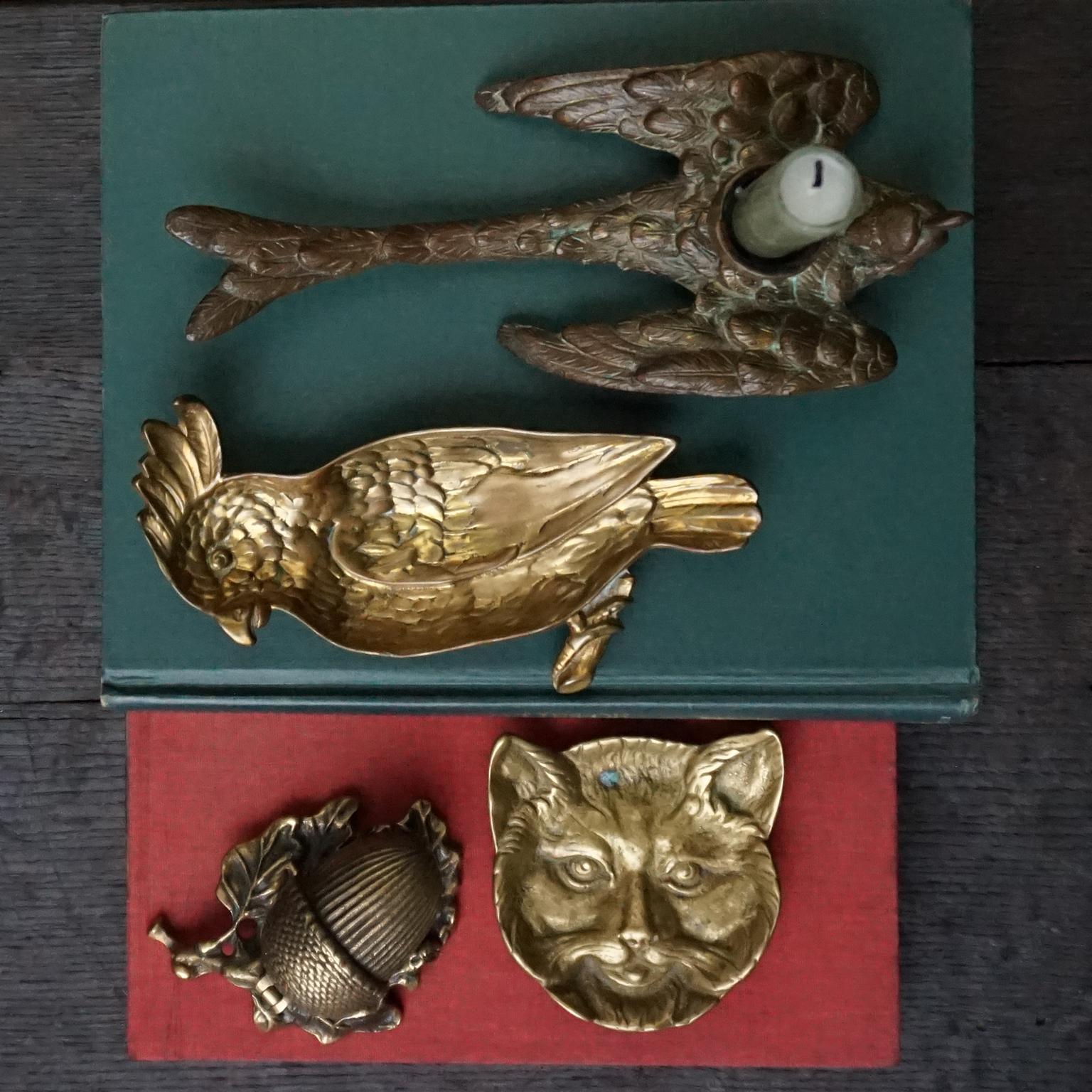 Four 20th Century Brass Trinket Dish Candlestick Cockatoo, Cat, Acorn Sparrow For Sale 2
