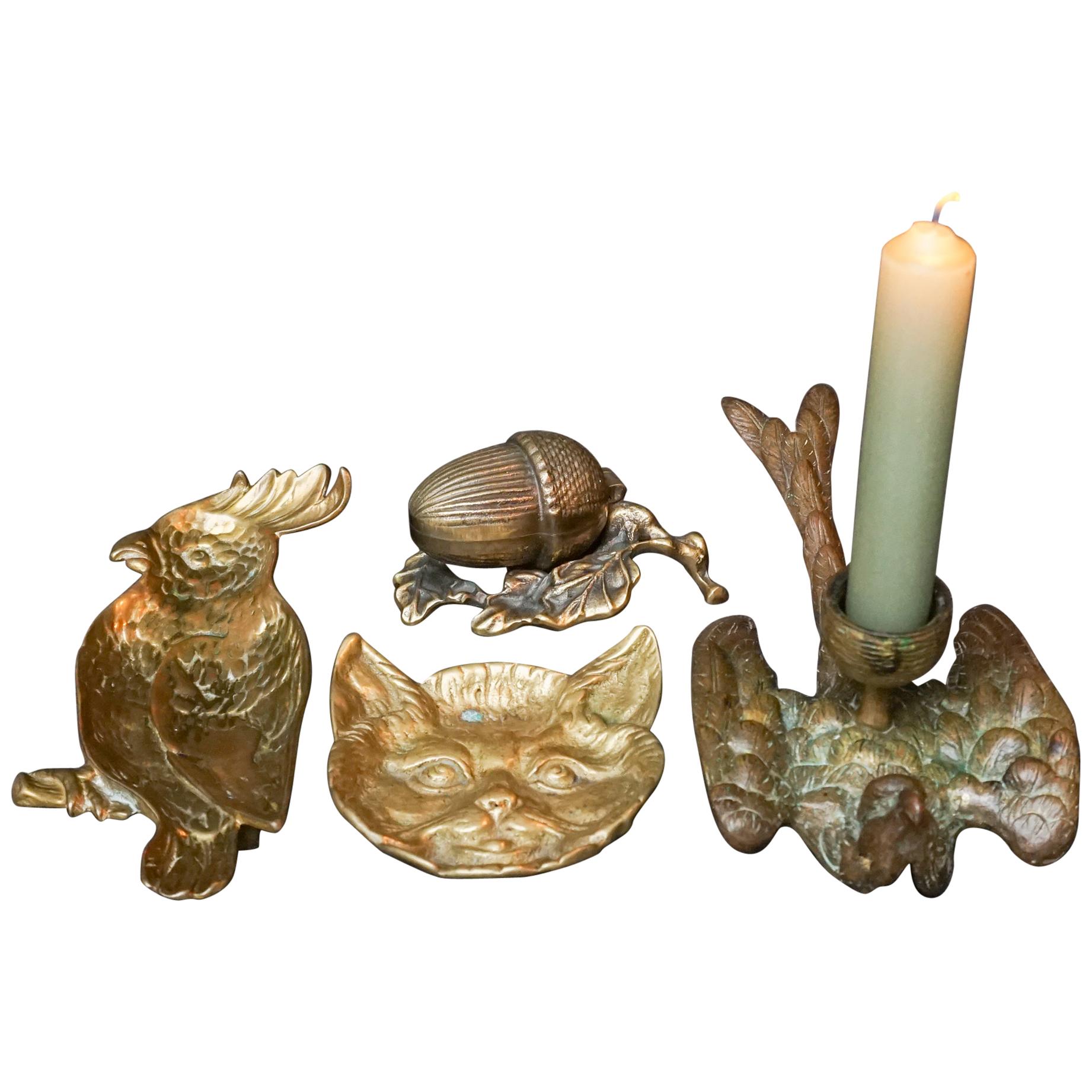 Four 20th Century Brass Trinket Dish Candlestick Cockatoo, Cat, Acorn Sparrow