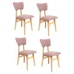Quatre chaises de salle à manger papillon du XXe siècle, laine rose, bois clair, Europe, années 1960