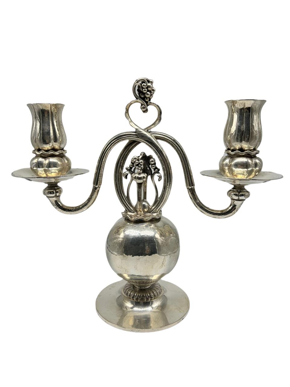 20th Century Danish two matching pairs (4) Georg Jensen sterling silver pomegranate candelabras. Handmade in Copenhagen, Denmark. One of the most beautiful pairs of candelabra ever produced by the Georg Jensen Company, the “Pommies” which were