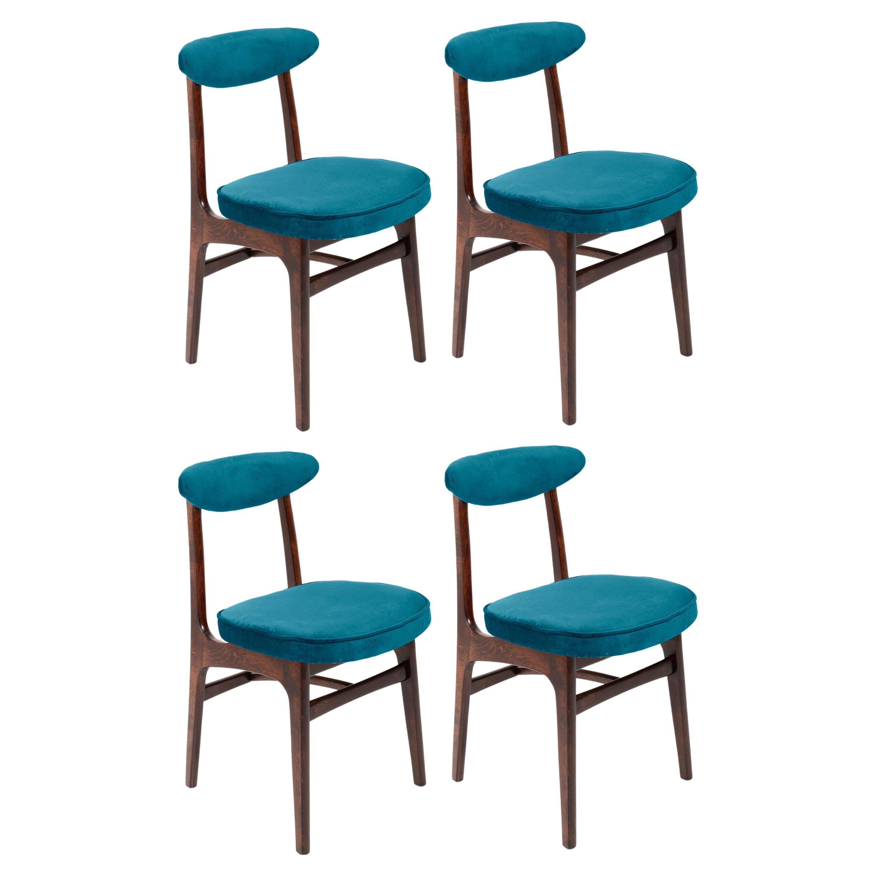 Four 20th Century Petrol Blue Velvet Chairs by Rajmund Halas, Europe, 1960s For Sale