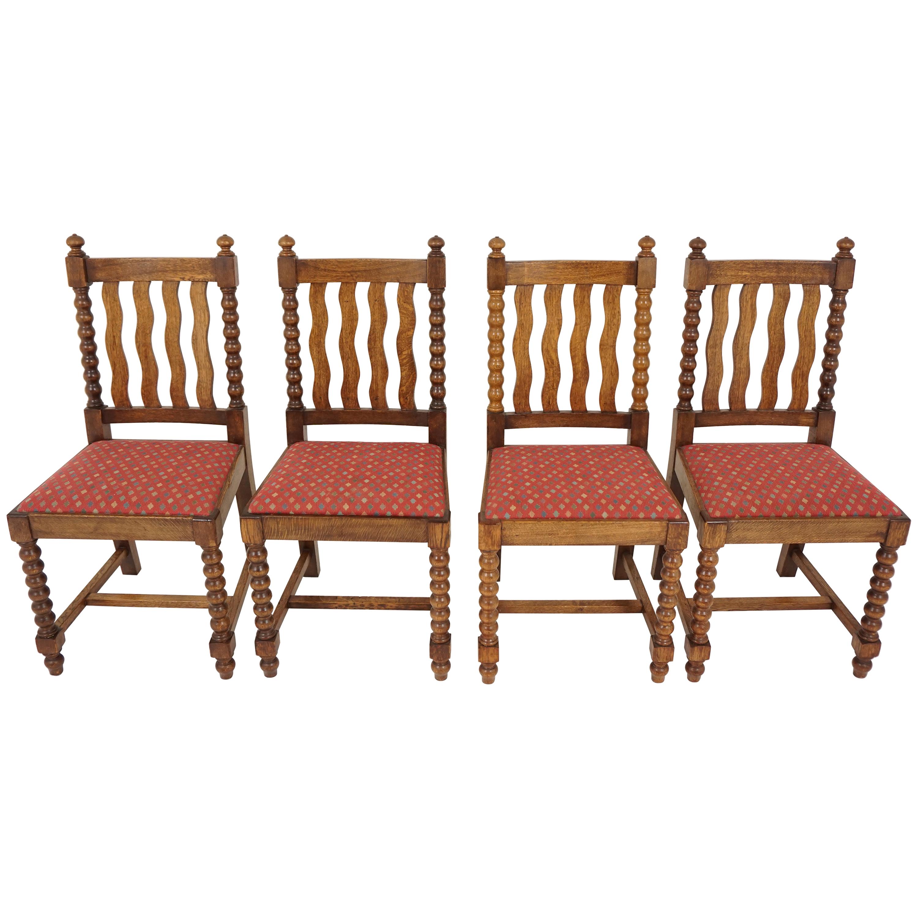 Four '4' Antique Oak Bobbin Leg Dining Chairs, Oak, Scotland 1920, B839