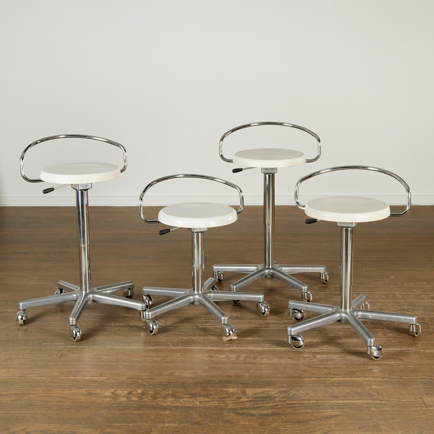 Four Adjustable Height Chrome Drafting Stools with White Lacquered Seats 2