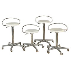Four Adjustable Height Chrome Drafting Stools with White Lacquered Seats