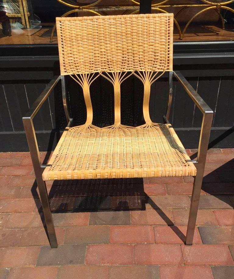 Contemporary Four Adrien Gardere Woven Bamboo and Rattan Chairs For Sale