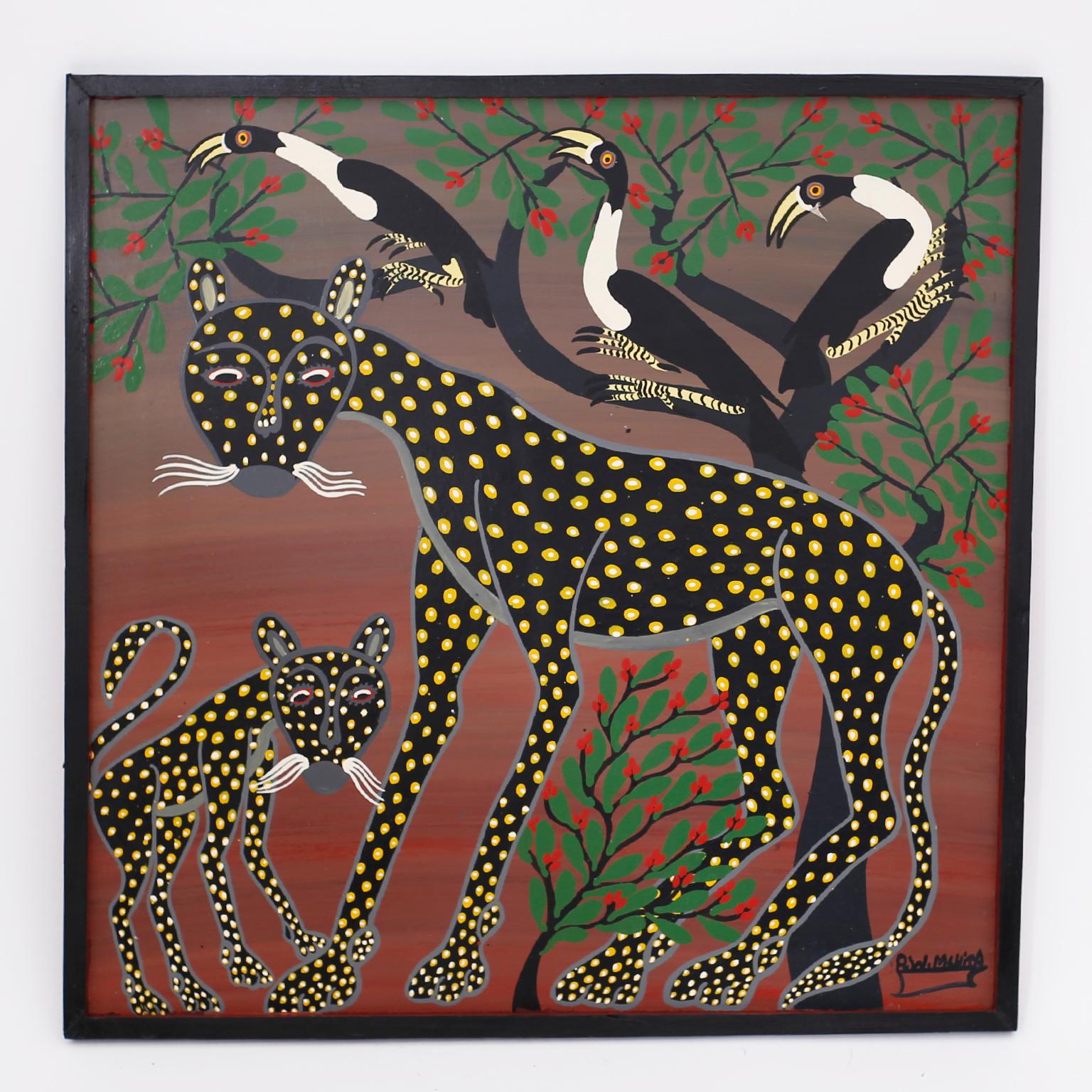 Here we have a set of four paintings on Masonite. One of a leopard and cub with birds and trees, indistinctly signed in the lower right, one of an elephant and two birds, indistinctly signed in the lower left, one of an elephant with fruit trees,