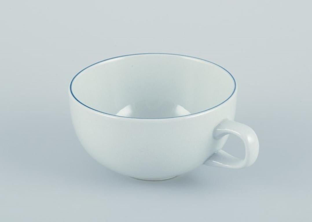 Glazed Four Aluminia/Royal Copenhagen blue line coffee cups and saucers.  For Sale